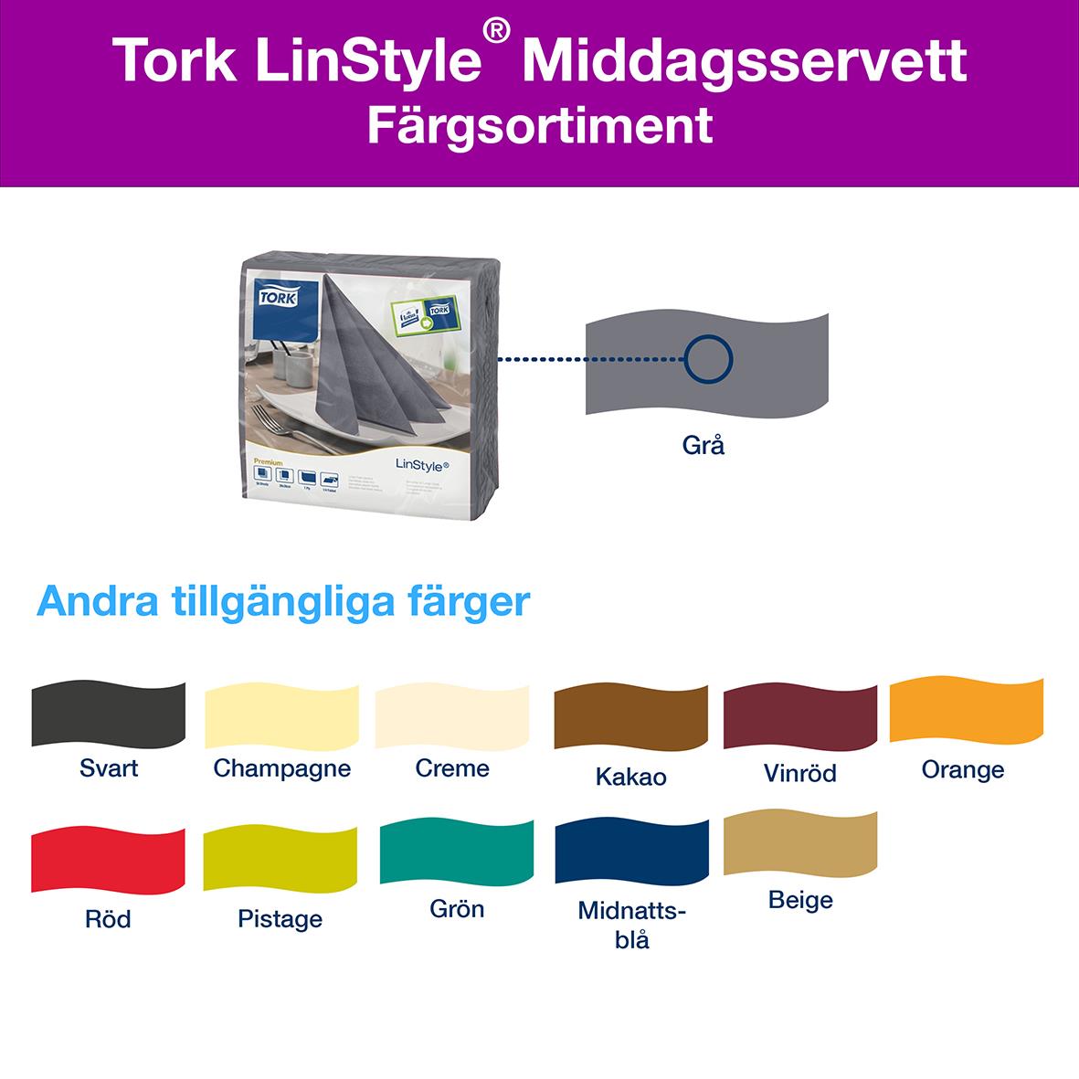 Servett Tork LinStyle i grå färg, 39x39cm, med flera tillgängliga färger som svart, champagne, creme, kakao, vinröd, orange, röd, pistage, grön, midnattblå och