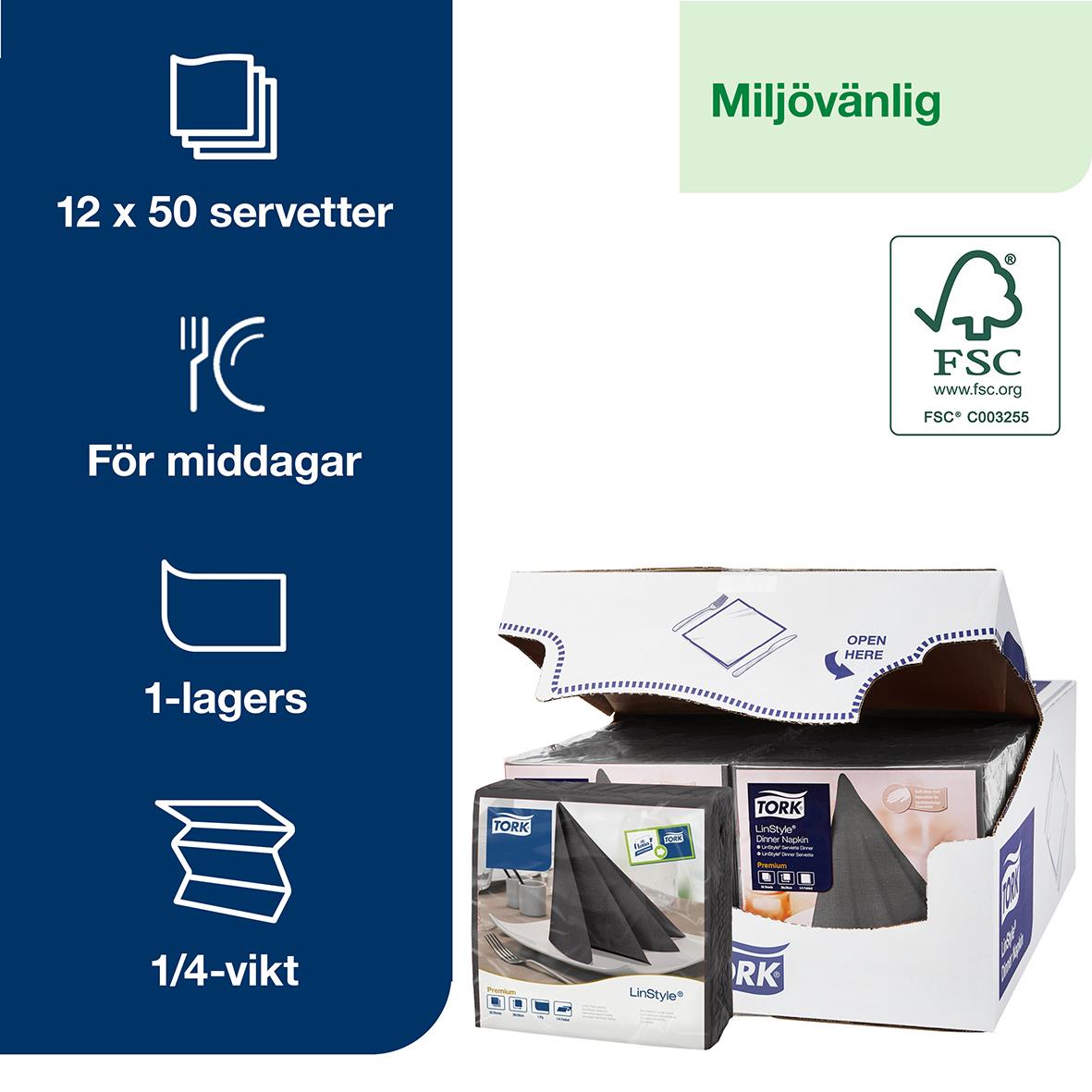 Servett Tork LinStyle Svart 39x39cm för middagar, 12x50 servetter, miljövänlig FSC-märkning
