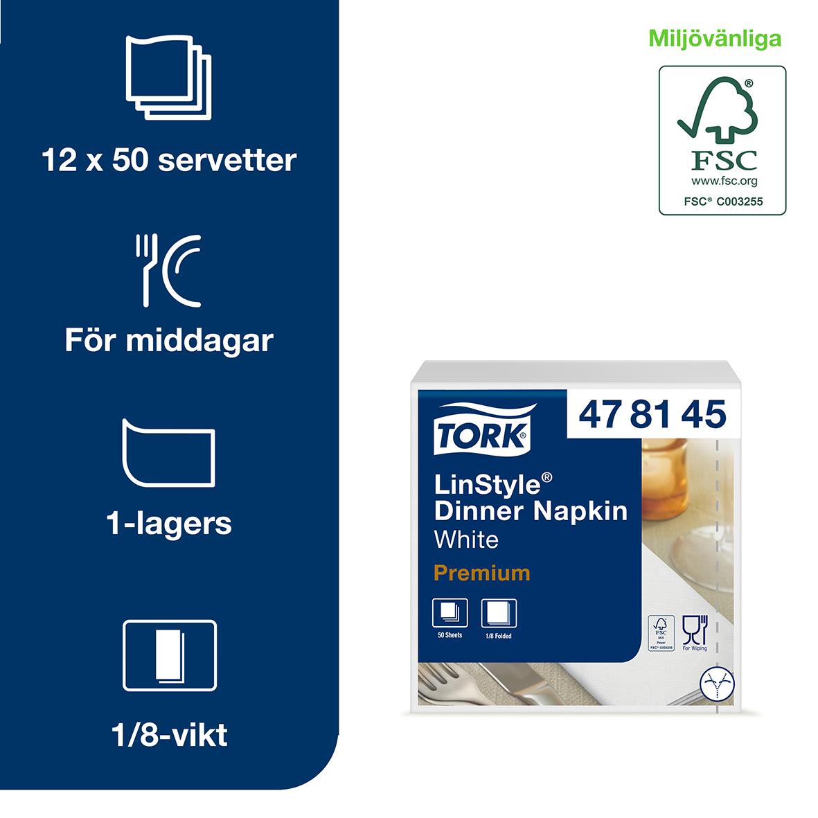 Servett Tork LinStyle 1/8 Vikt Vit 39x39cm för middagar, 12x50 servetter