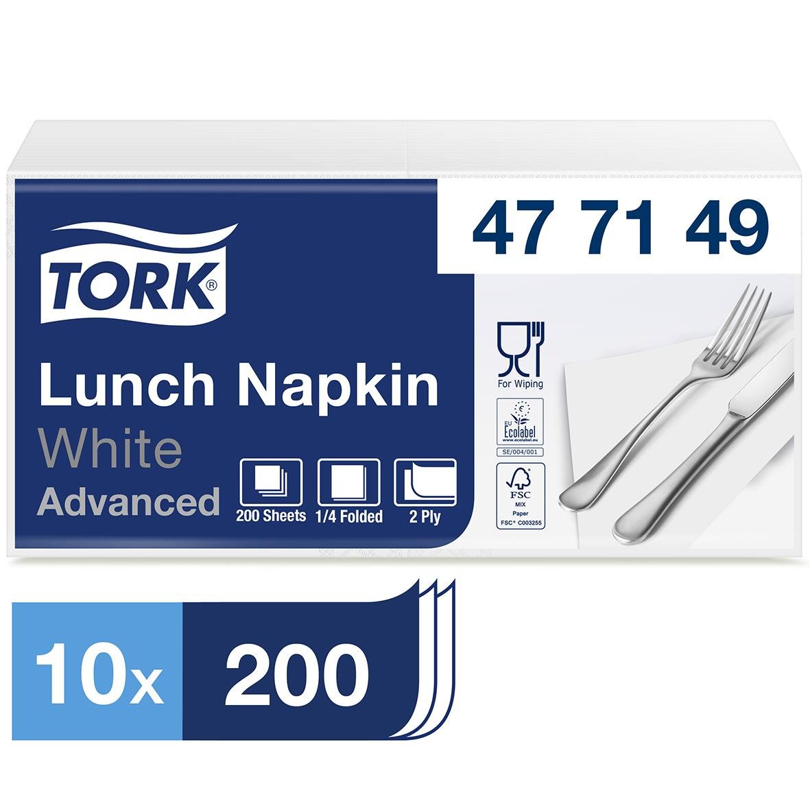 Servett Tork 2-lag vit 33x33cm för lunch, 200 ark i förpackning