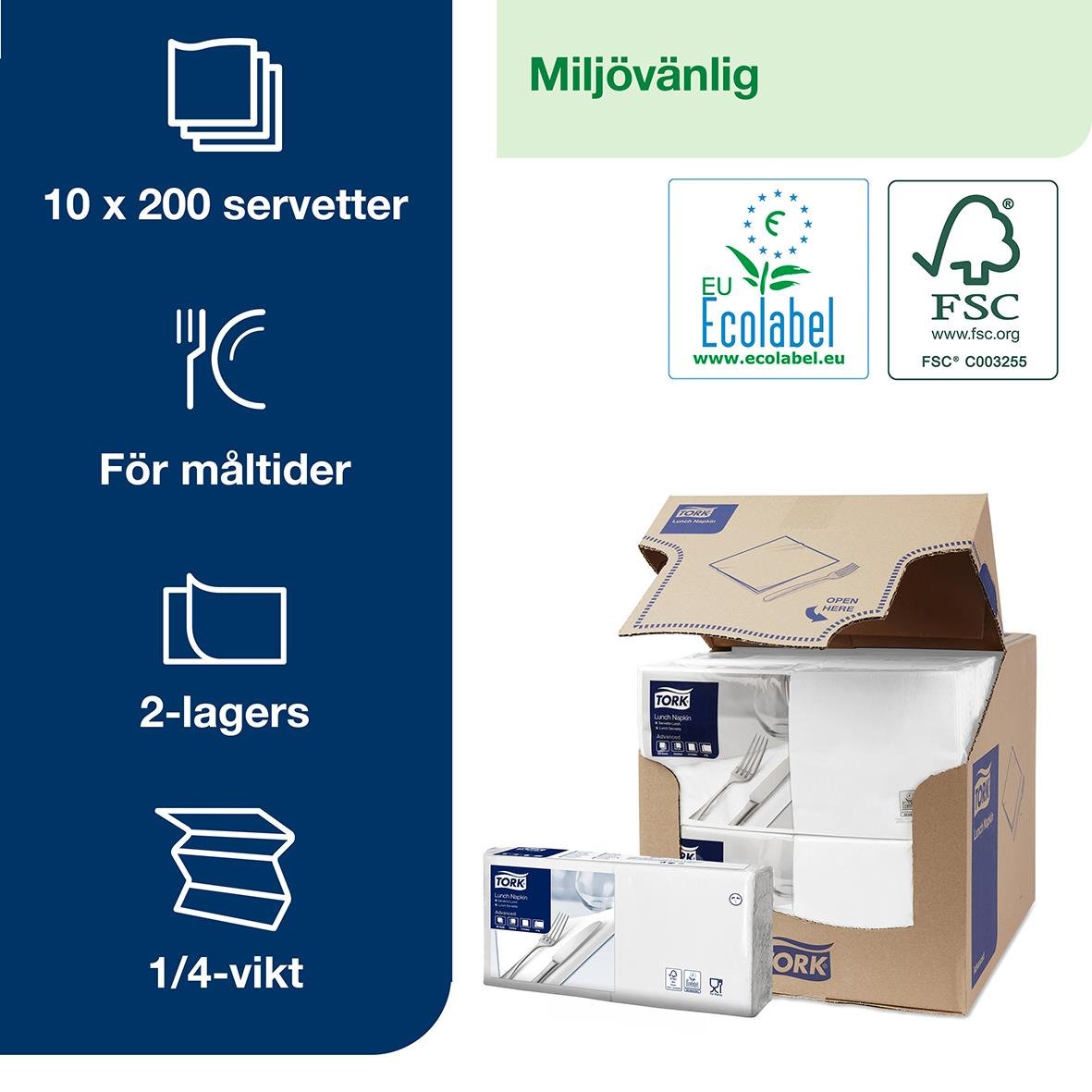 Vit servett Tork 2-lag, 33x33cm, för måltider, 10x200 st, miljövänlig, förpackning