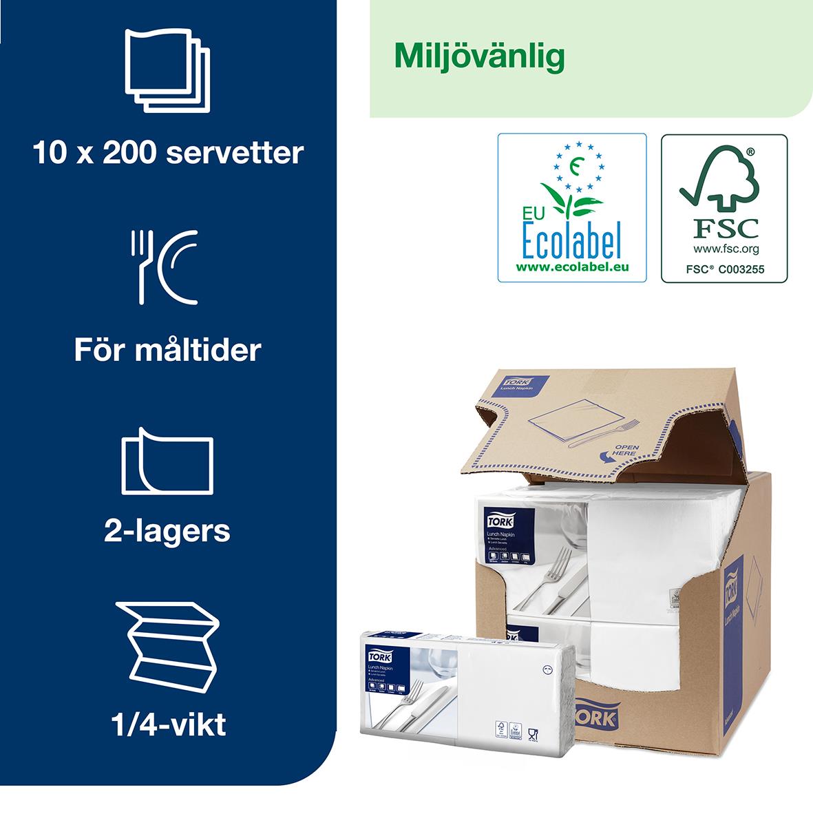 Vit servett Tork 2-lag, 33x33cm, för måltider, 10x200 st, miljövänlig, förpackning