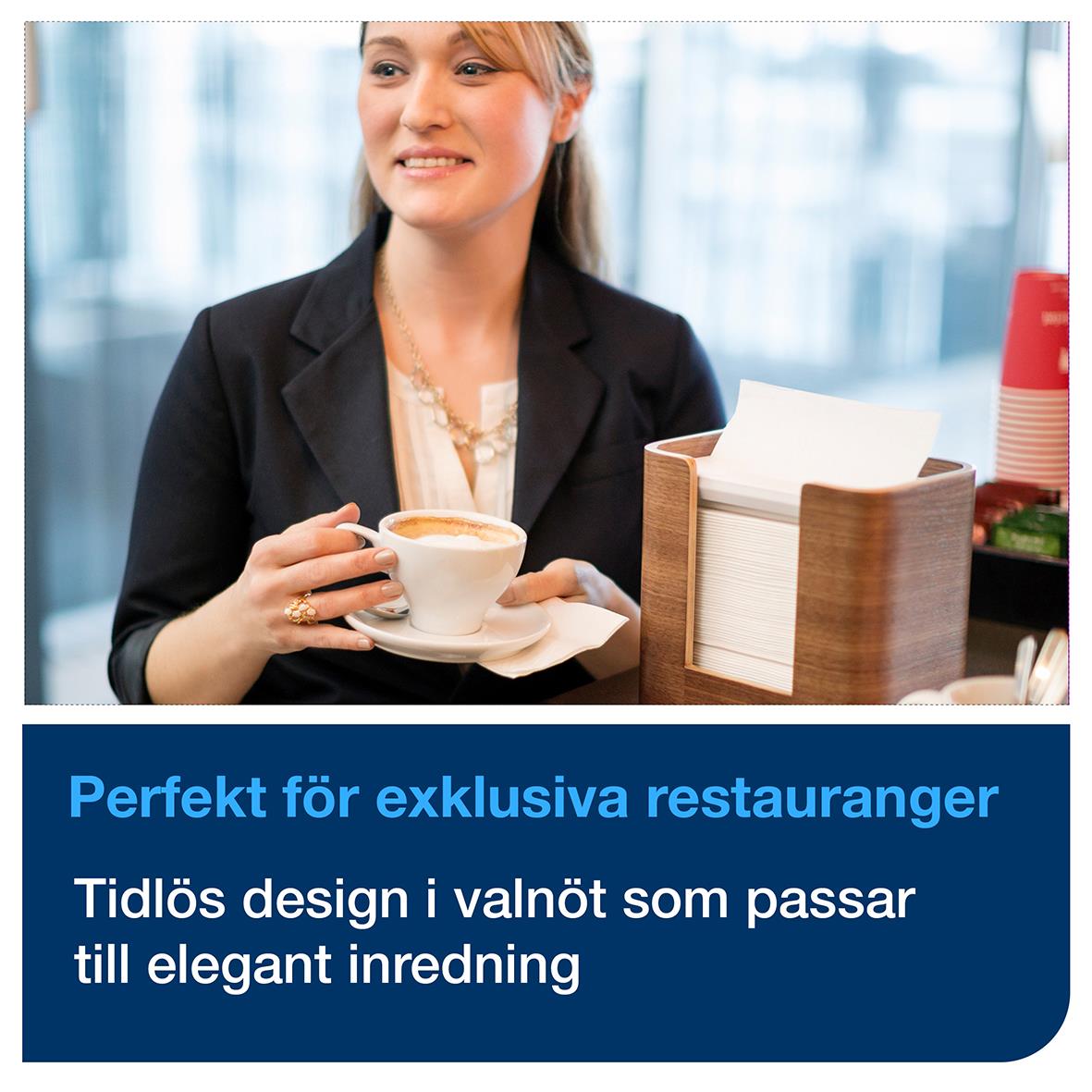 Servettdispenser Tork Xpressnap N4 i valnöt, elegant design, perfekt för exklusiva restauranger
