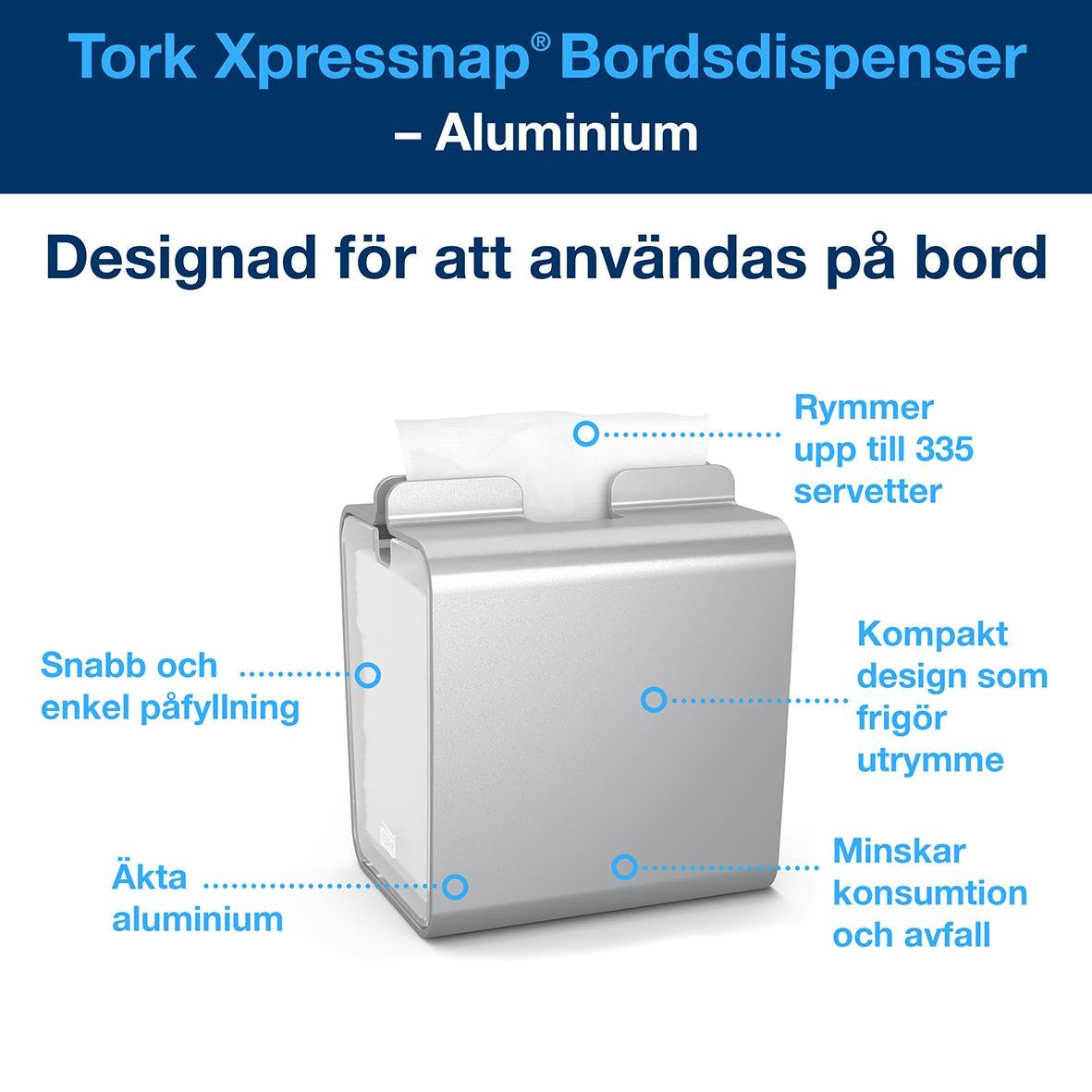 Servettdispenser Tork Xpressnap N4 Bordsmodell i aluminium med kompakt design, snabb påfyllning och rymmer upp till 335 servetter