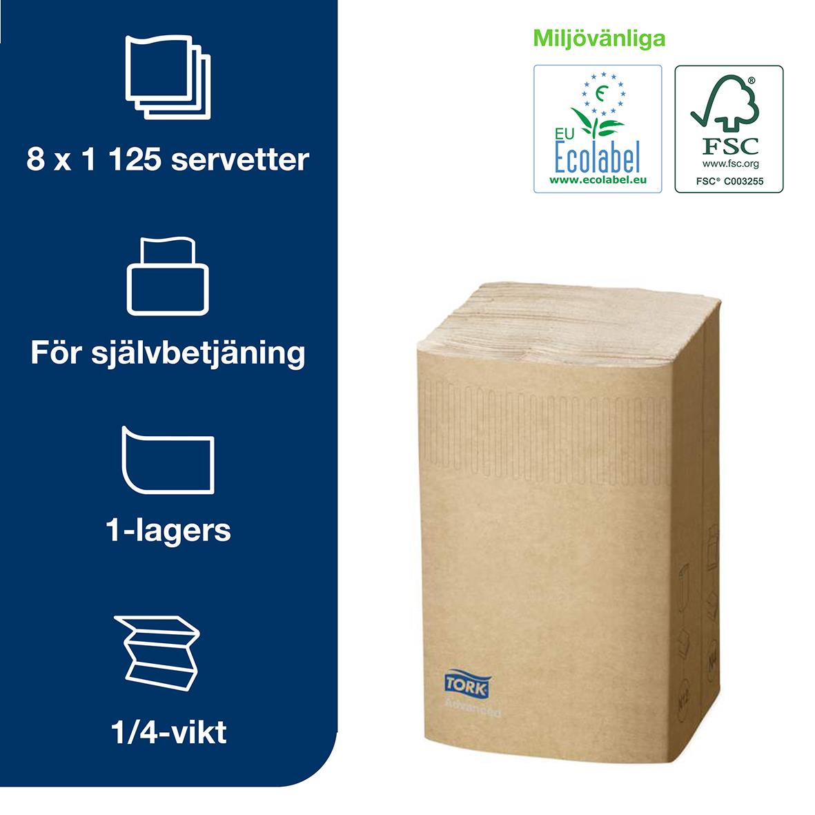 Brun dispenserservett Tork N4 1-lags, 21,3x33cm, för självtjänst, 8 paket med 125 servetter vardera, miljövänlig