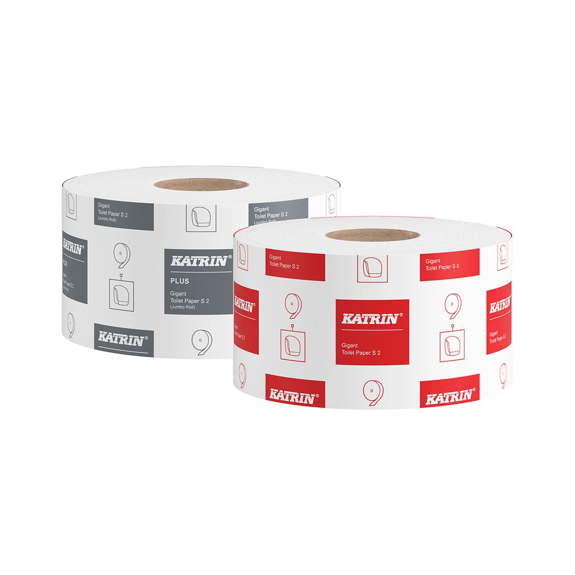 Två Katrin Gigant S toalettpappersdispenser i rostfritt stål, en i vitt och en i rött, för toalettpapper