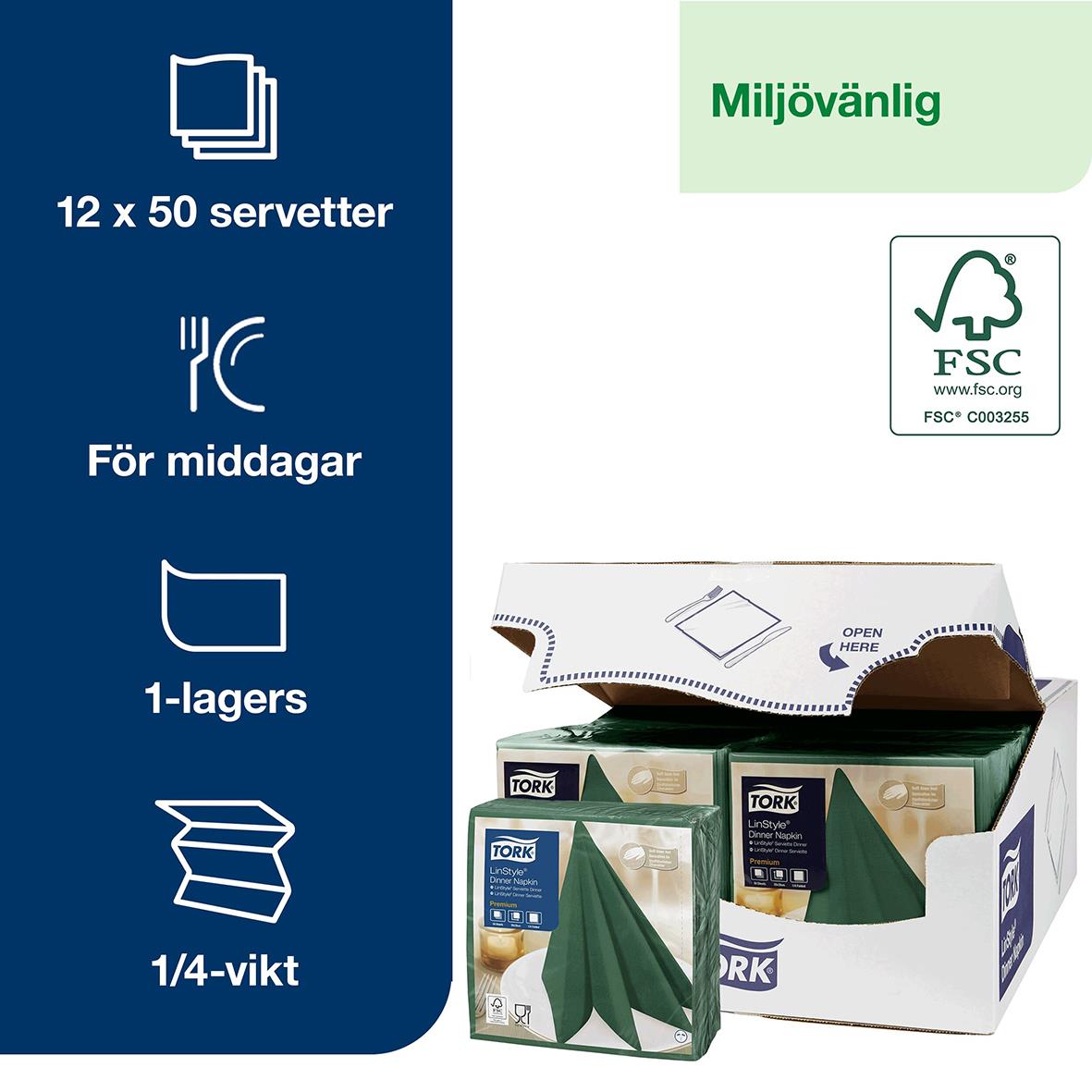 Servett Tork LinStyle Grön 39x39cm för middagar, 12x50 servetter, miljövänlig, FSC-märkt