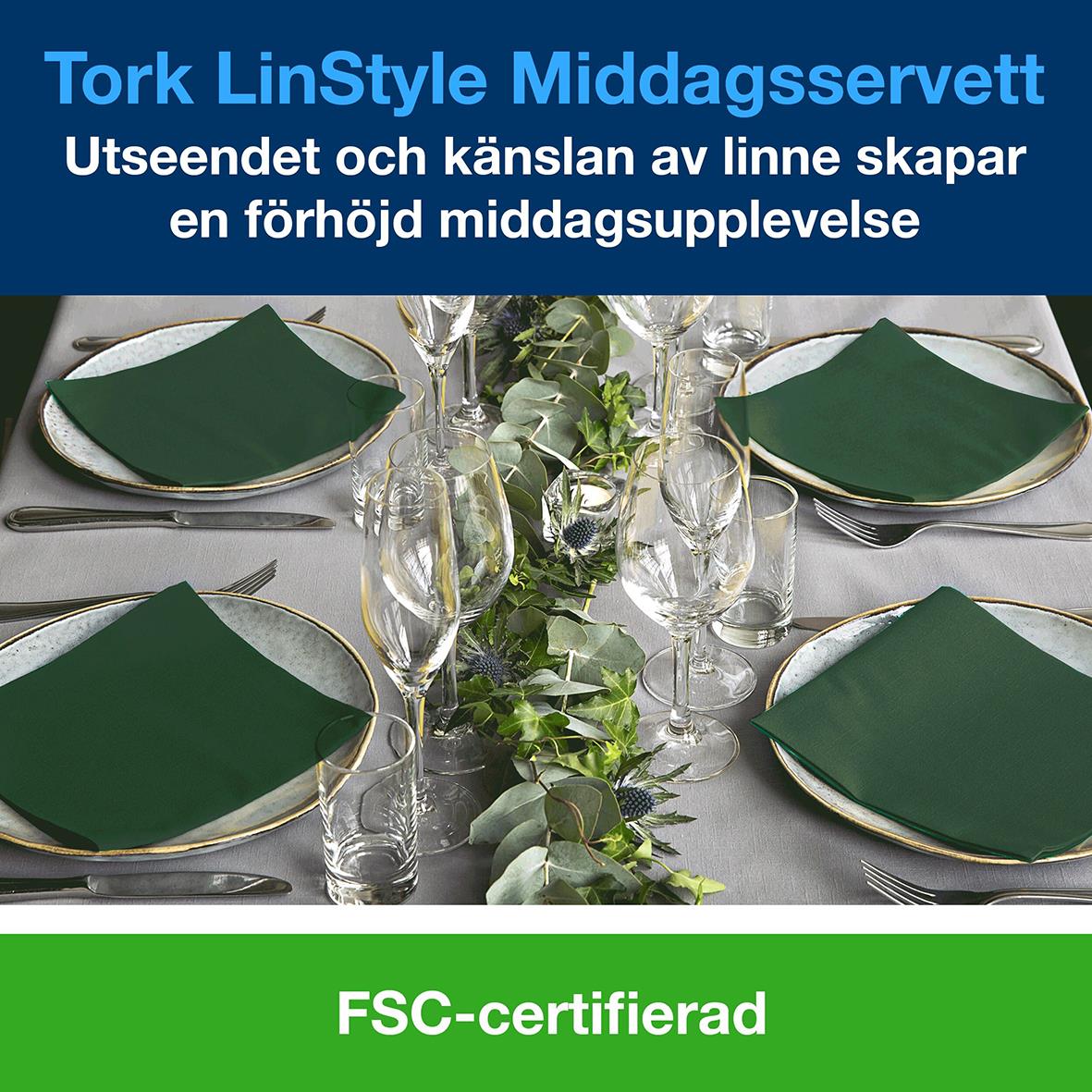 Gröna LinStyle servetter på dukat bord med glas och bestick, FSC-certifierad