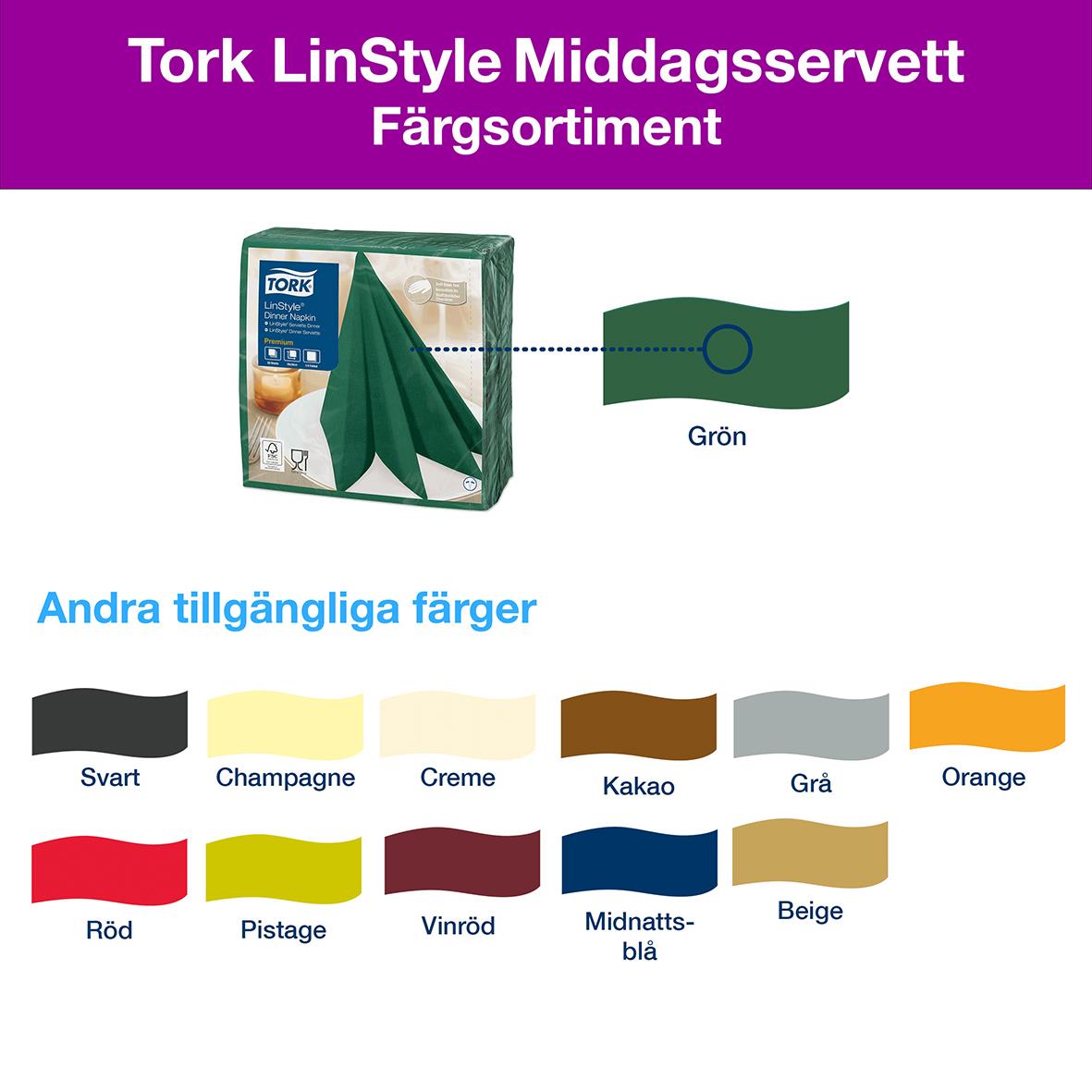 Grön servett Tork LinStyle 39x39cm i förpackning med andra färgalternativ