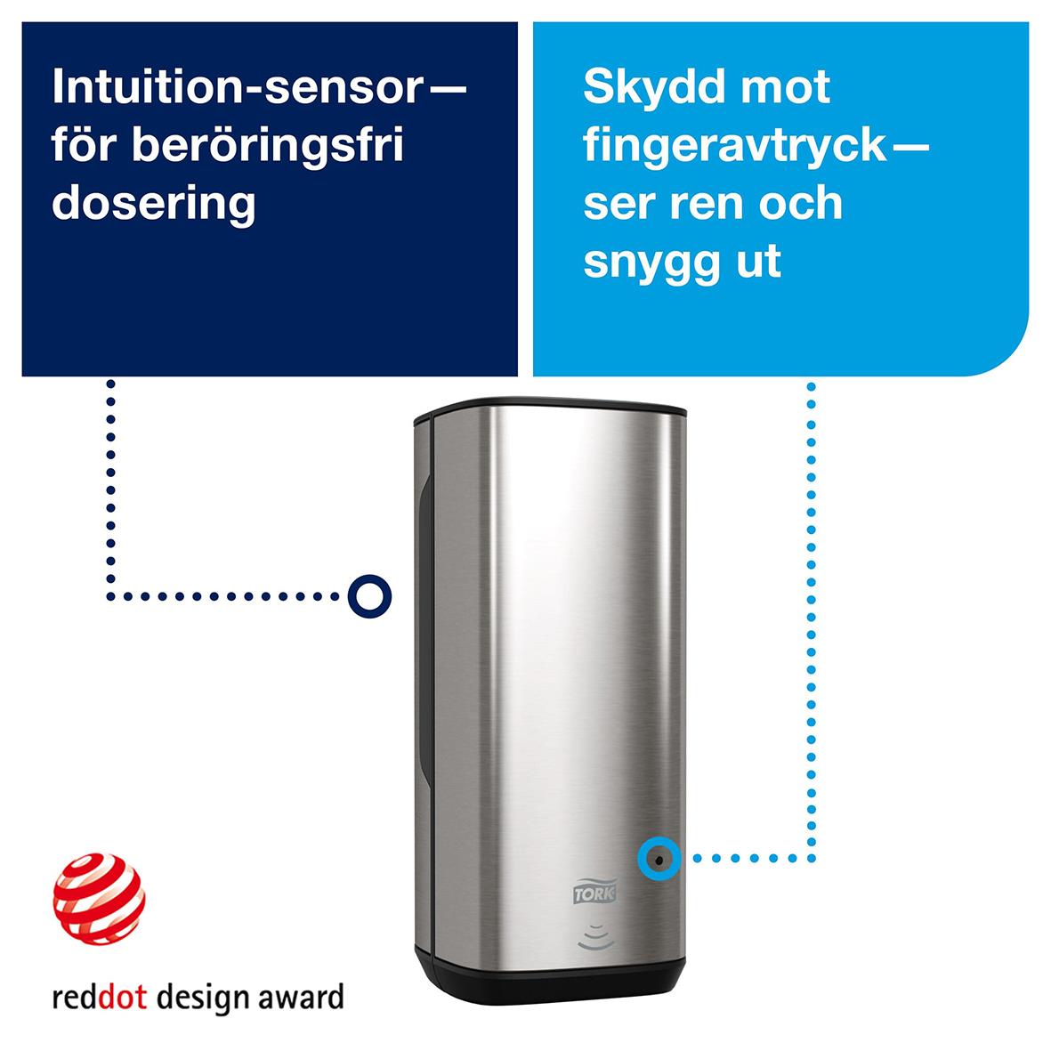 Dispenser Tork S4 Intuition Sensor i stål och svart med sensor för beröringsfri dosering och skydd mot fingeravtryck