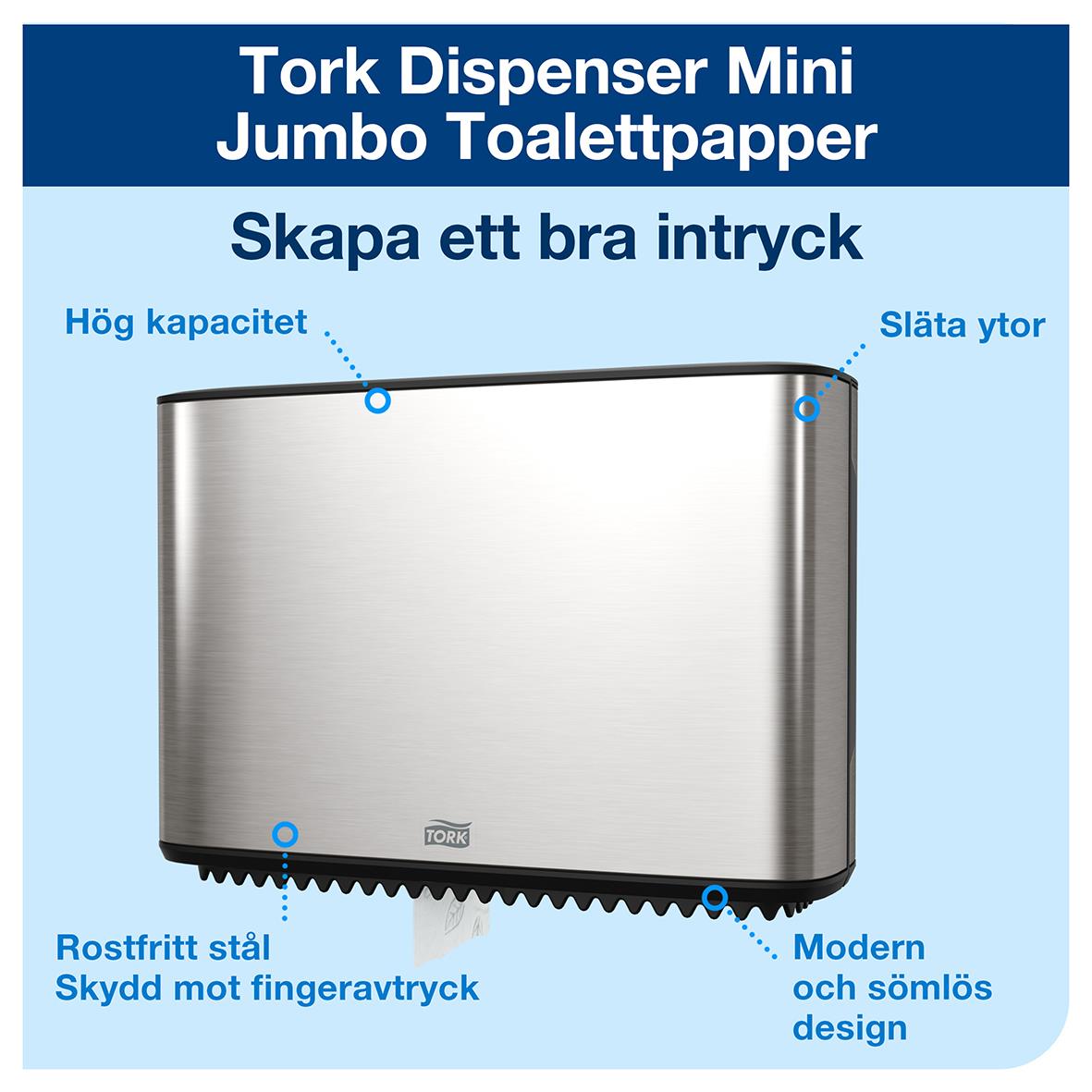 Tork Mini Jumbo Toalettpappersdispenser i rostfritt stål och svart med modern design och hög kapacitet