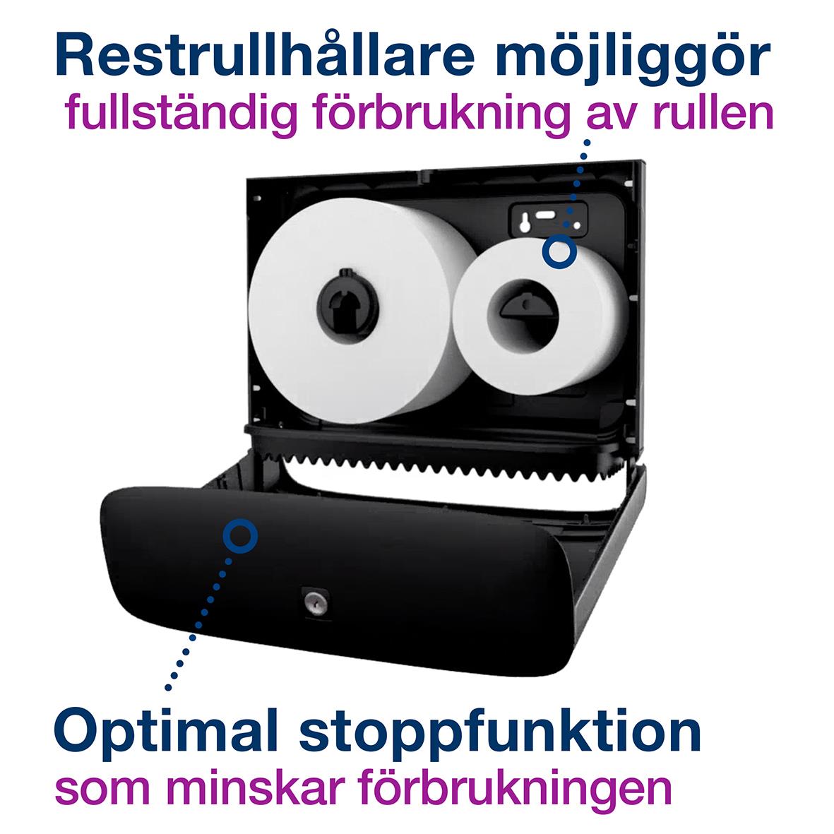 Dispenser för toalettpapper Tork T2 Mini Jumbo i stål och svart med fullständig rullhantering och optimal stoppfunktion