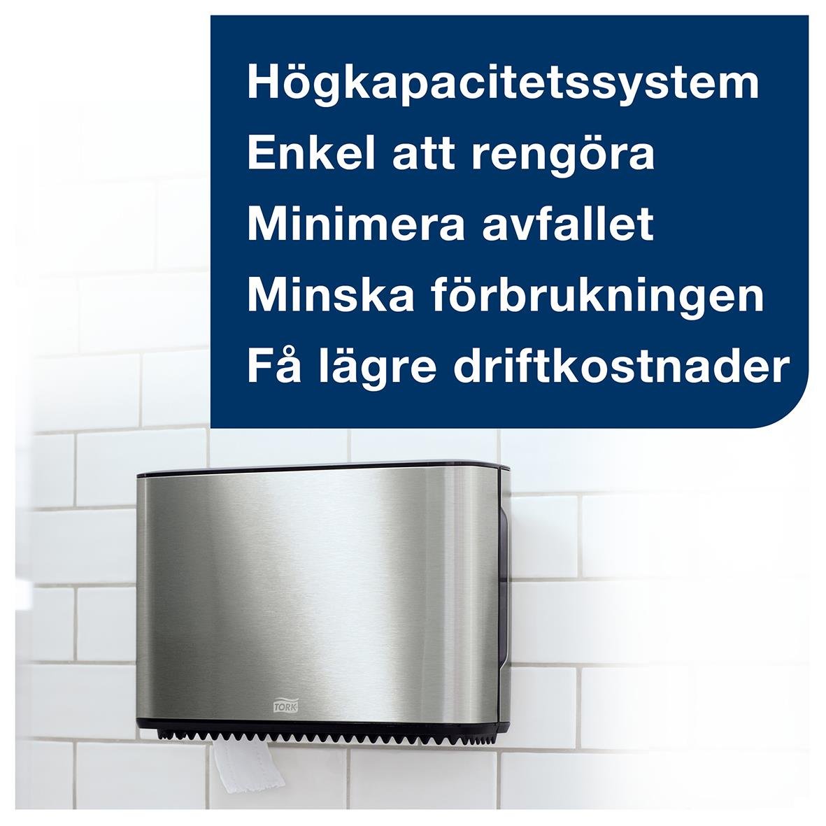 Dispenser för toalettpapper Tork T2 Mini Jumbo i stål och svart med hög kapacitet och enkel rengöring