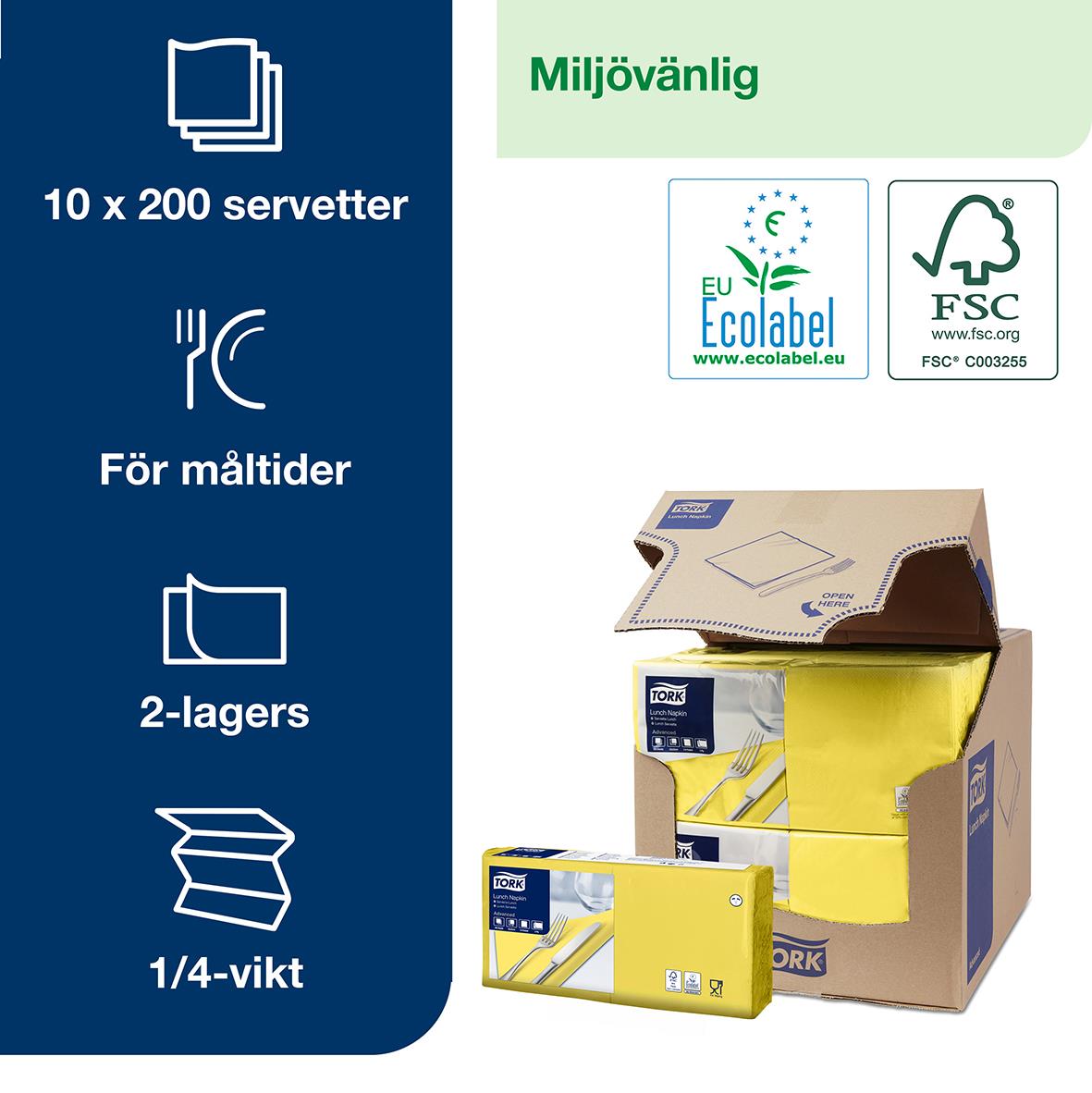 Gul 2-lag servett i 33x33cm för måltider, 10x200 servetter i förpackning, miljövänlig och ekologisk
