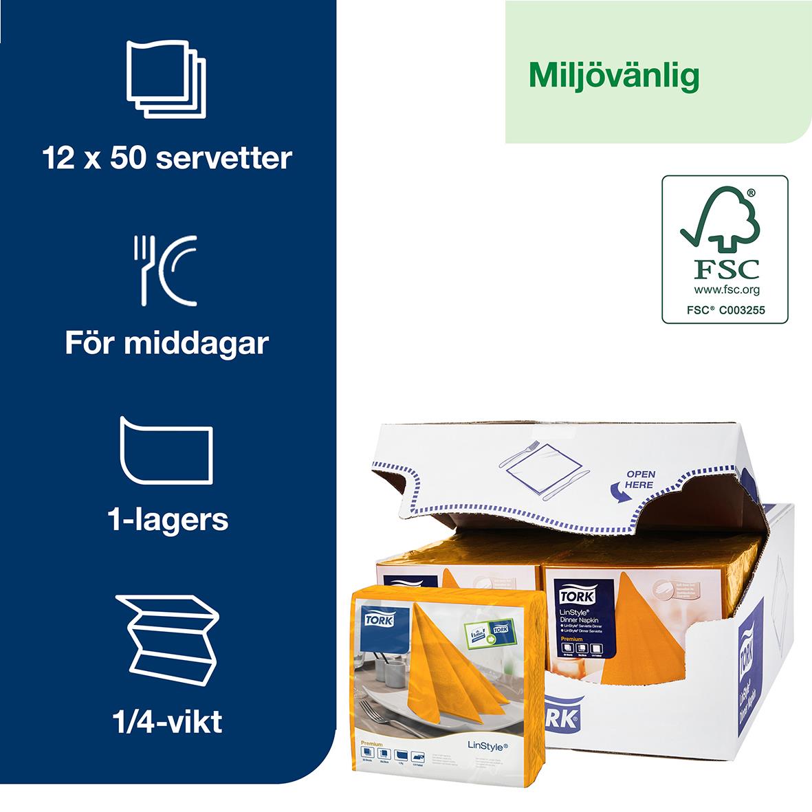 Servett Tork Linstyle Orange 39x39cm för middagar, 12x50 servetter, miljövänlig, 1-lagers, 1/4-vikt