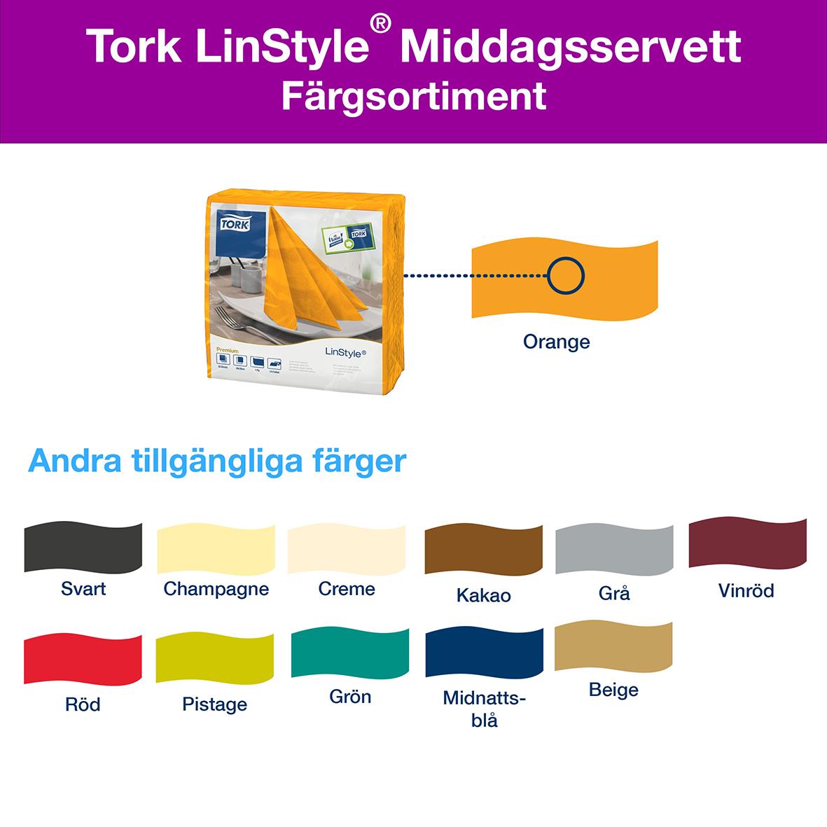 Servett Tork LinStyle orange 39x39cm med orange färg och andra tillgängliga färger som svart, champagne, creme, kakao, grå, vinröd, röd, pistage, grön, midnatts