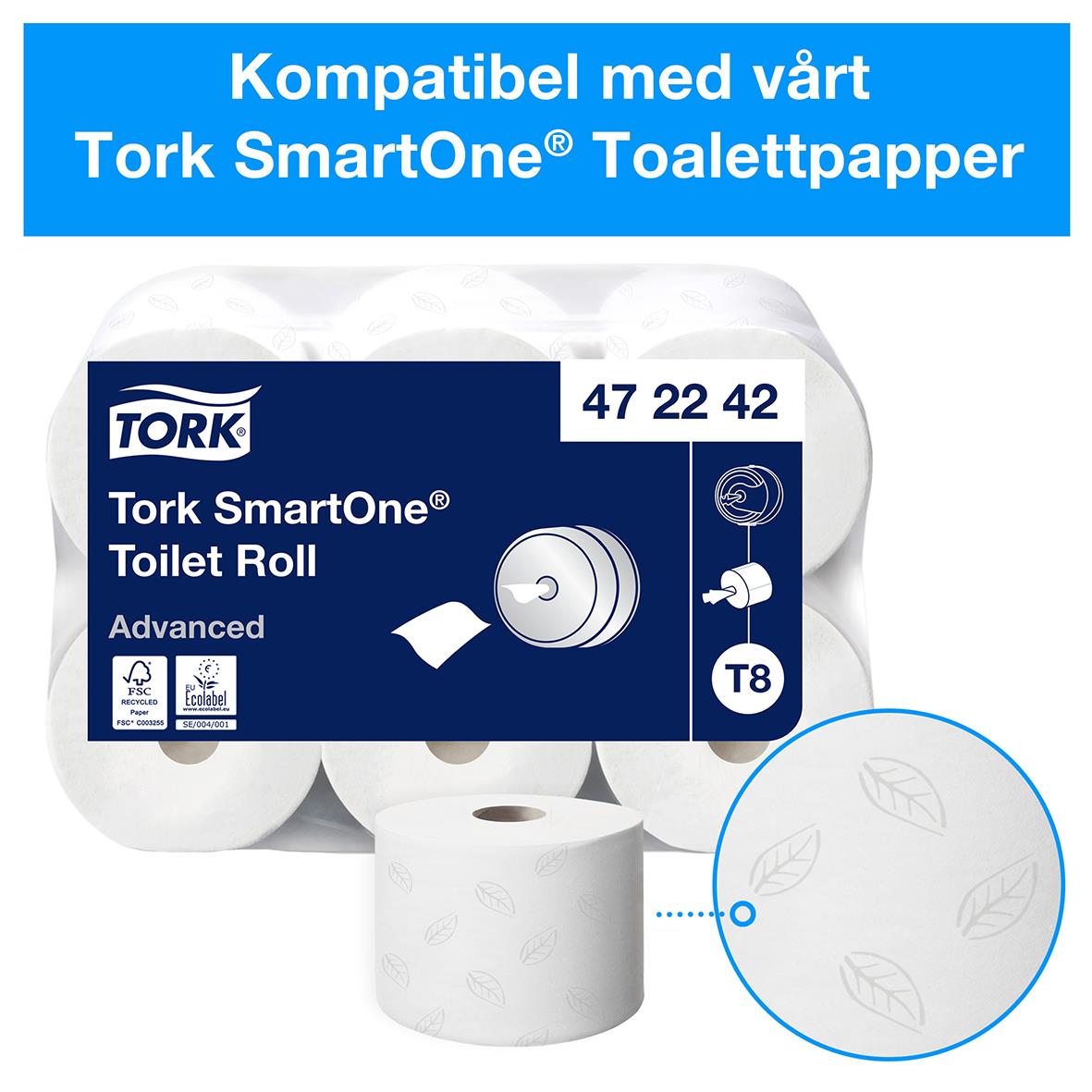 Vit Tork SmartOne T8 toalettpappersdispenser med tre rullar