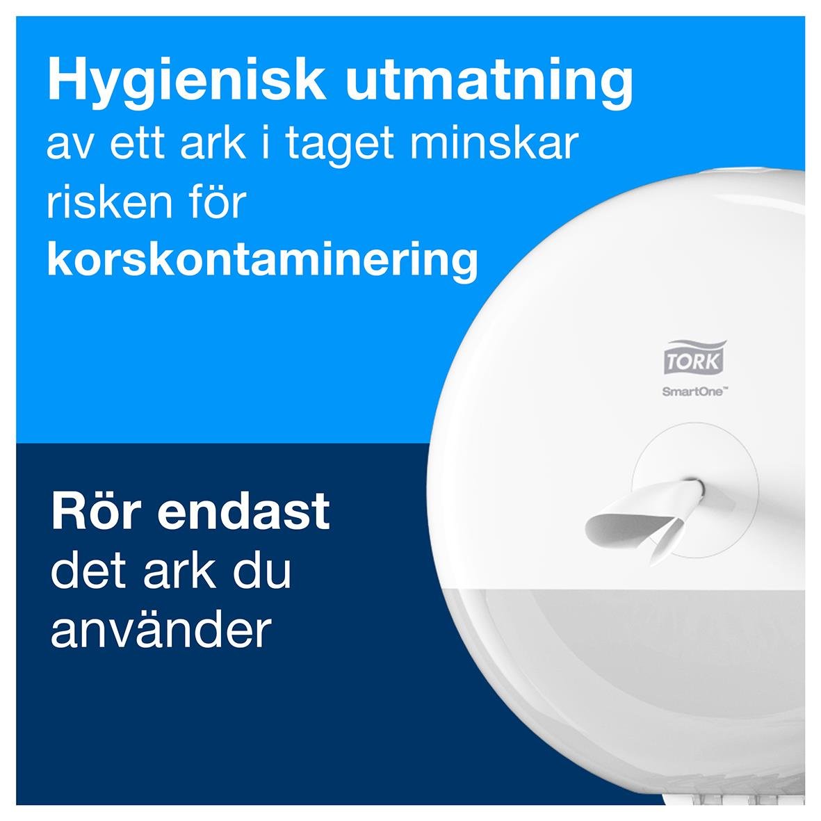 Dispenser för toalettpapper Tork T8 SmartOne vit med hygienisk utmaning och instruktion för användning