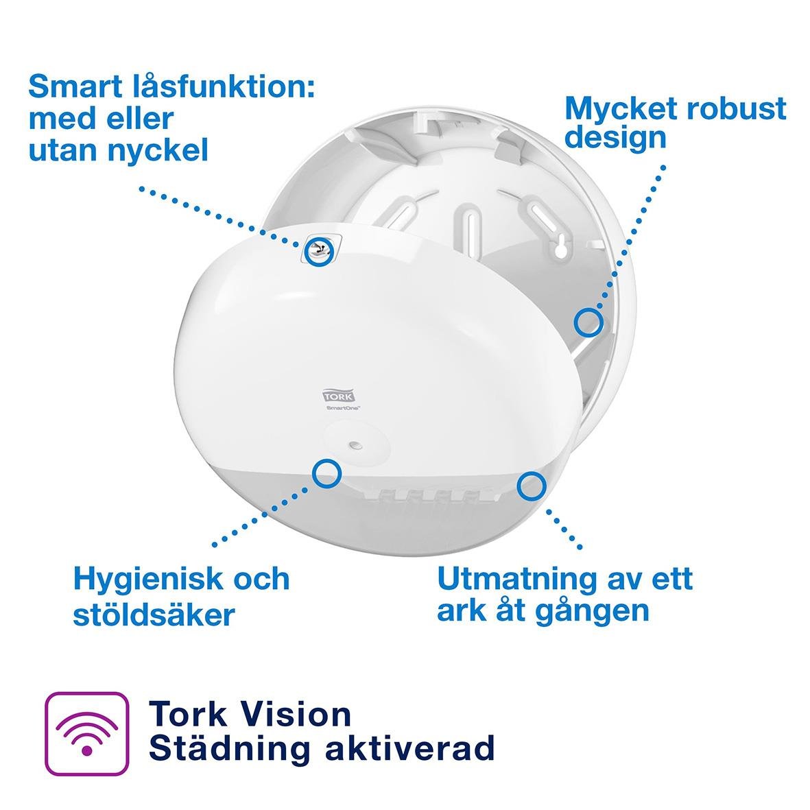 Vit Tork T9 SmartOne Mini toalettpappersdispenser med robust design och smart låsfunktion
