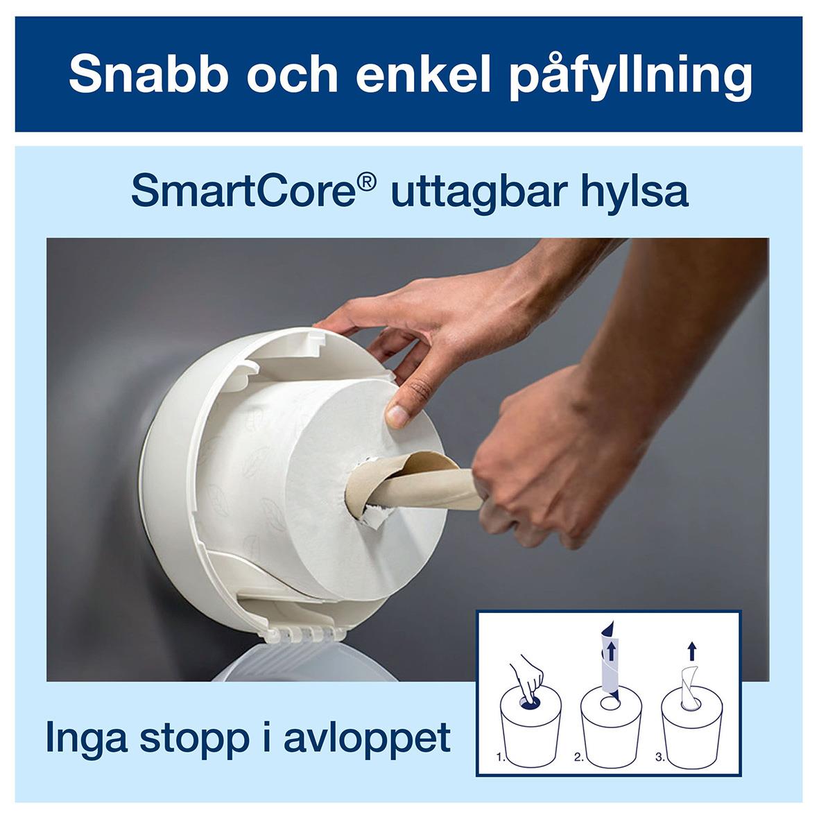Vit Tork T9 SmartOne Mini toalettpappersdispenser med smart påfyllning och enkel användning