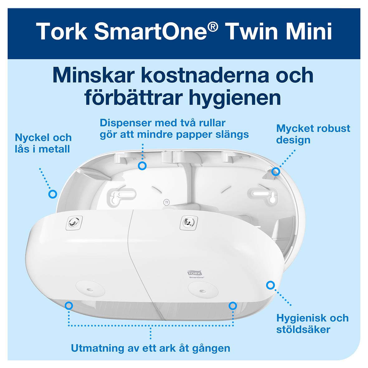 Dispenser Toalettpapper Tork T9 SmartOne Twin Mini vit 50250299_2