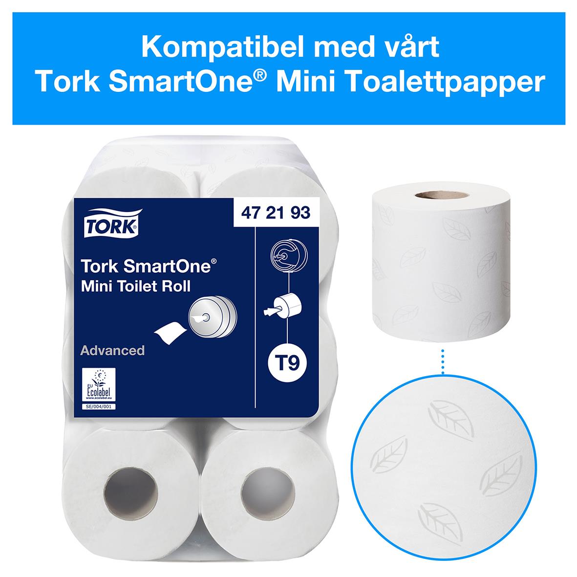 Vit dispenser för toalettpapper Tork SmartOne Mini Twin T9 med två rullar