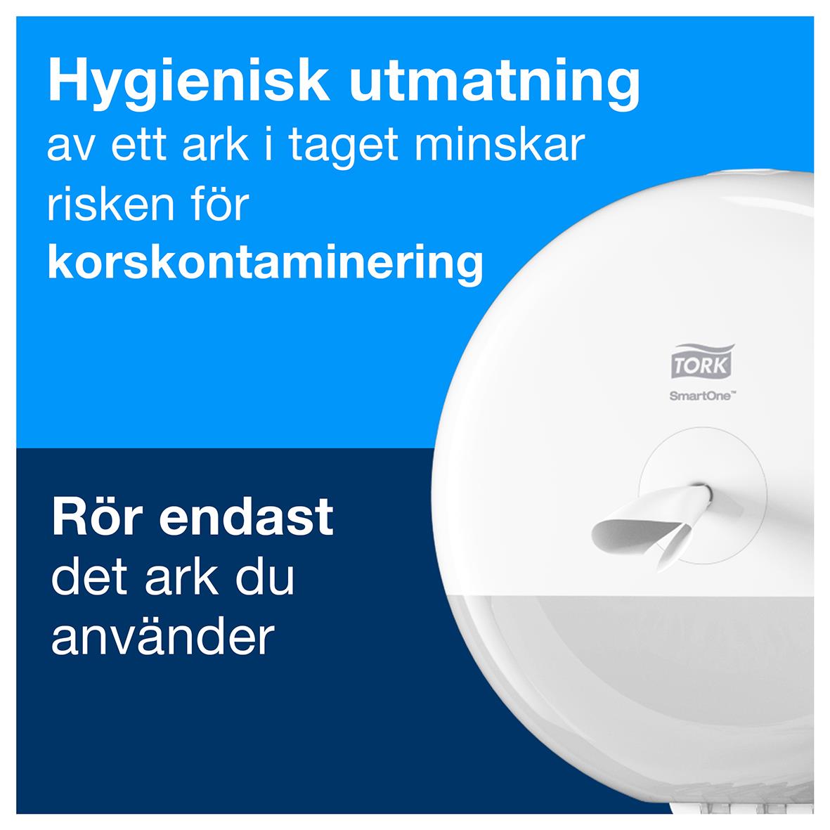 Dispenser för toalettpapper Tork T9 SmartOne Mini Twin vit med hygienisk utmaning och instruktion att använda endast det ark du behöver