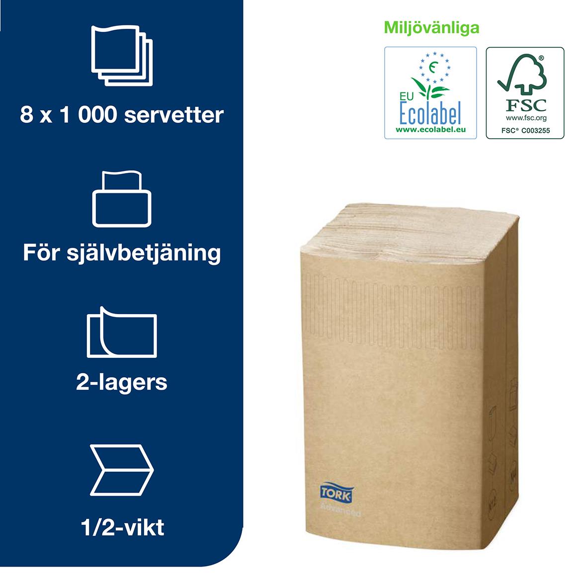 Dispenserservett Tork N4 2-lag Natur 16,5x21,3cm, 8 paket med 1000 servetter, för självbetjäning, miljövänlig