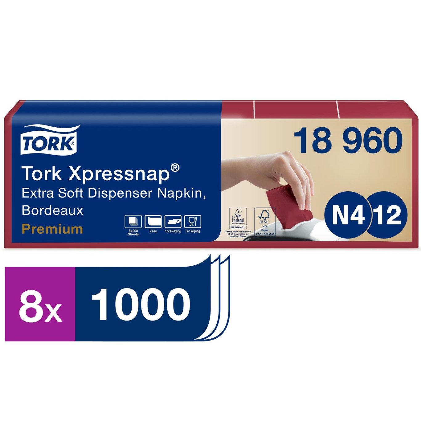 Dispenserservett Tork N4 2-lag Bordeaux 16,5x21,3cm, förpackning med 8x1000 ark