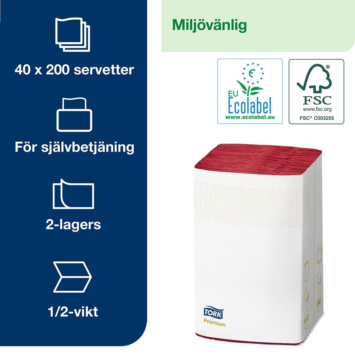 Dispenserservett Tork N4 2-lag Bordeaux 16,5x21,3cm, miljövänlig, självhäftande, 40x200 servetter, för självbetjäning