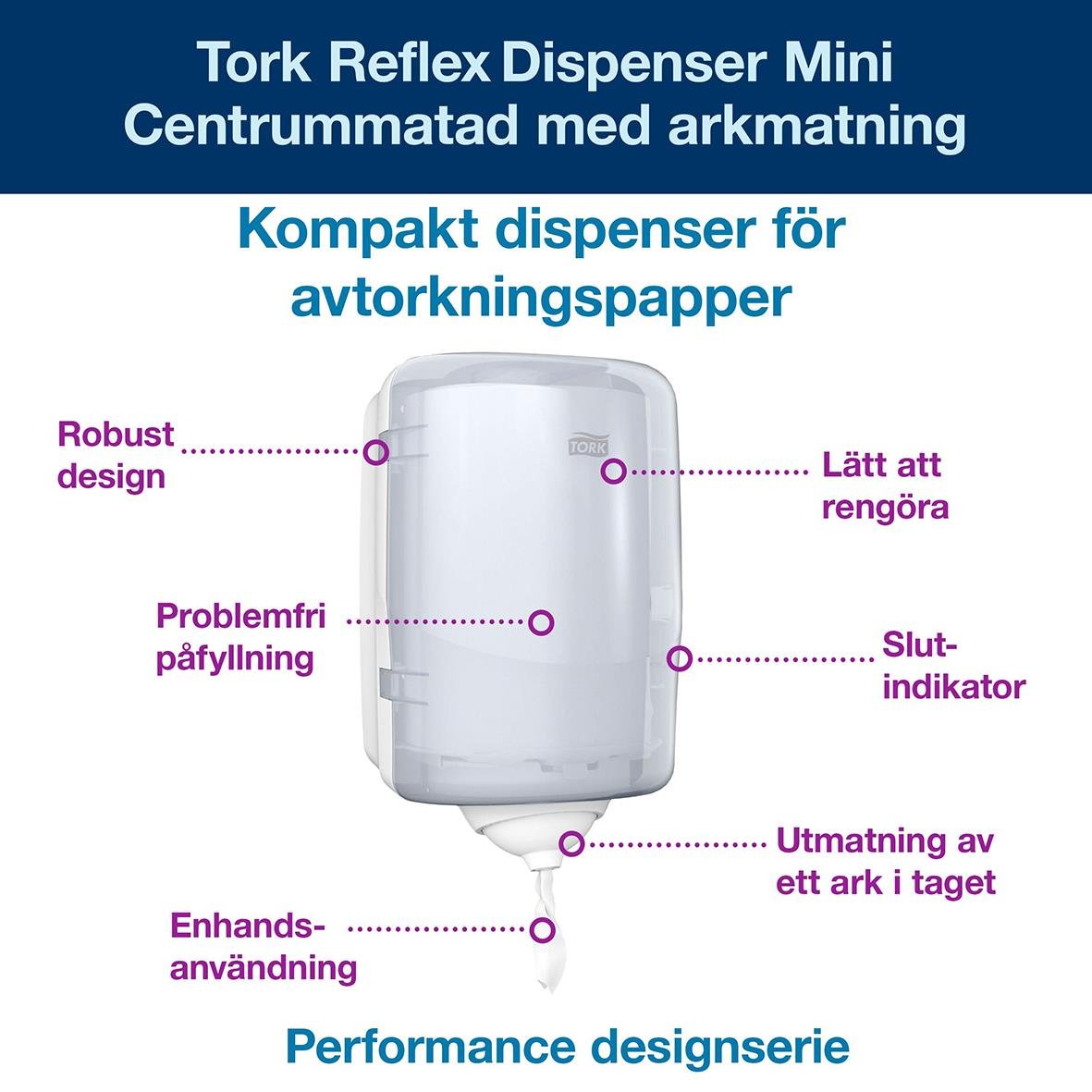 Vit Tork Reflex Mini dispenser för avkorkningspapper med centrummatning, robust design, lätt att rengöra och slutföringsindikator.