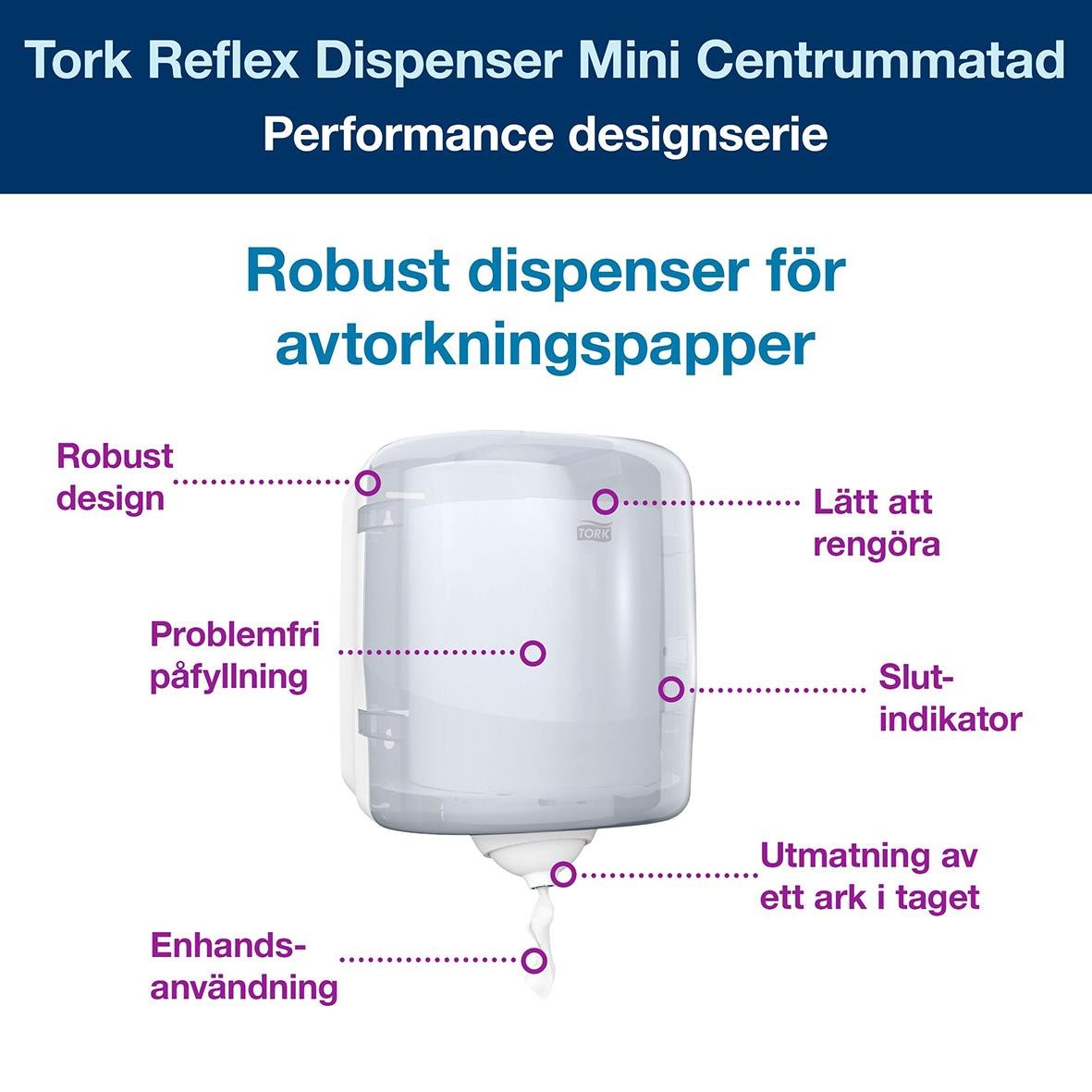 Vit dispenser för avkorkningspapper med robust design, lätt att rengöra och en indikator för slut på papper