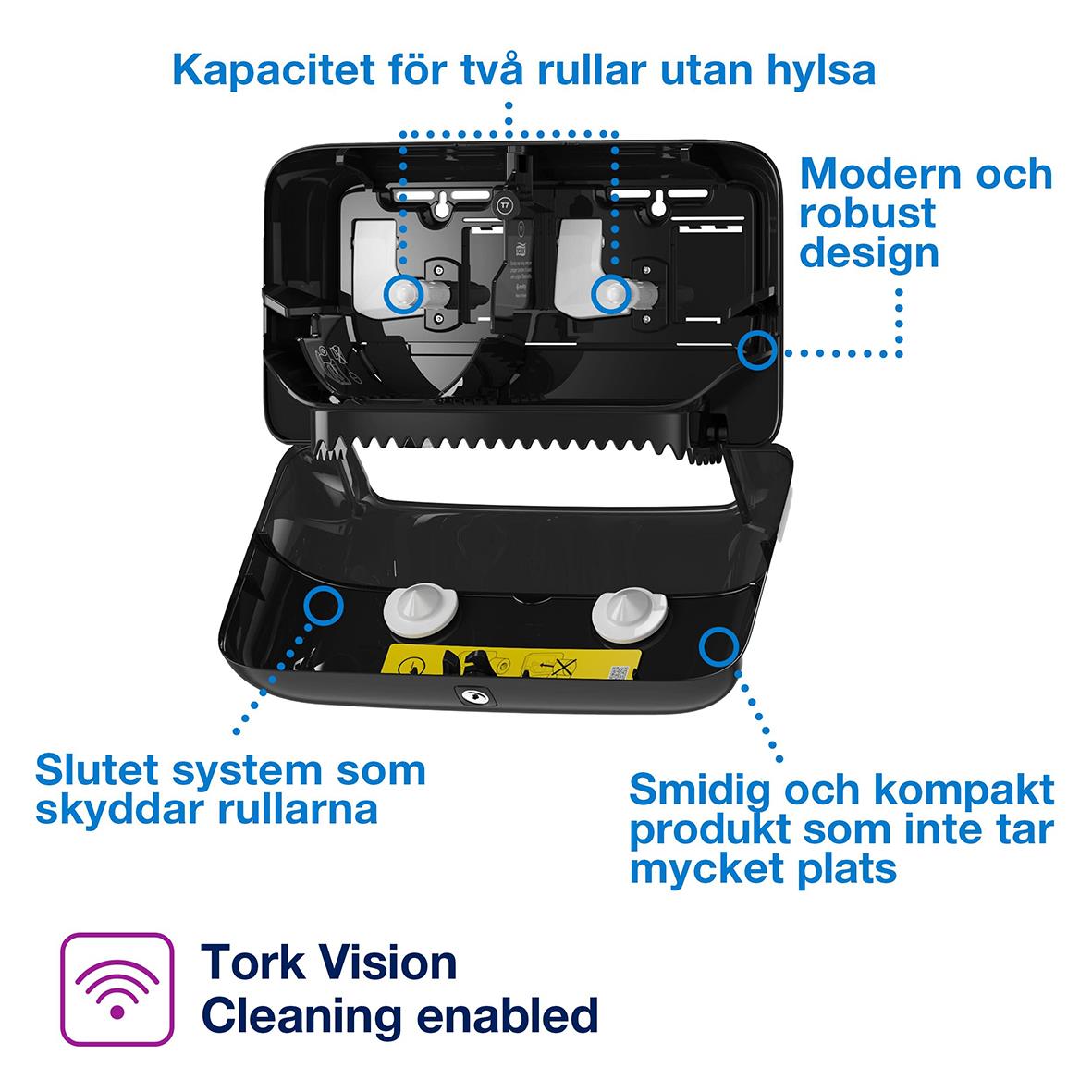 Svart toalettpappersdispenser Tork T7 Coreless med två rullar, modern design, skyddande system och kompakt, lätt att placera