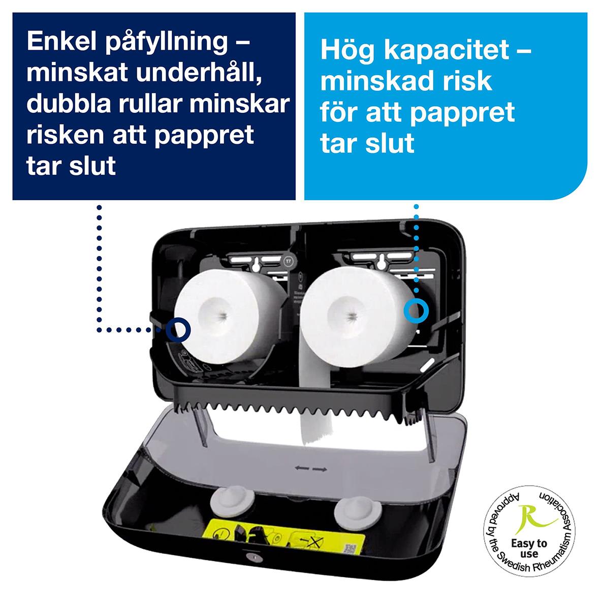 Svart toalettpappersdispenser Tork T7 Coreless med 2 rullar, enkel påfyllning, hög kapacitet, minskar risk för pappersbrist