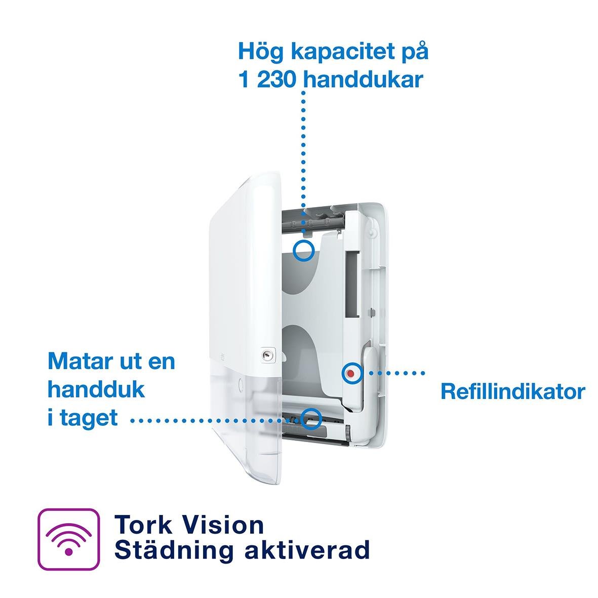 Vit dispenser för pappershanddukar med hög kapacitet på 1230 handdukar, refillerindikator och handduksutmatning i taget