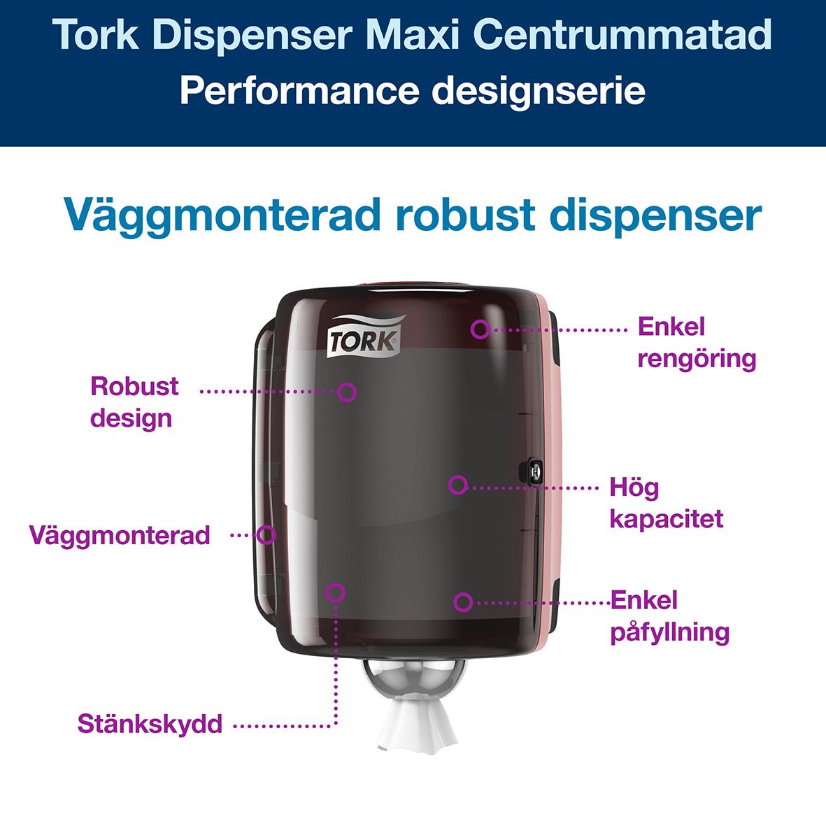 Väggmonterad Torkrulle dispenser i rött och svart med robust design och hög kapacitet