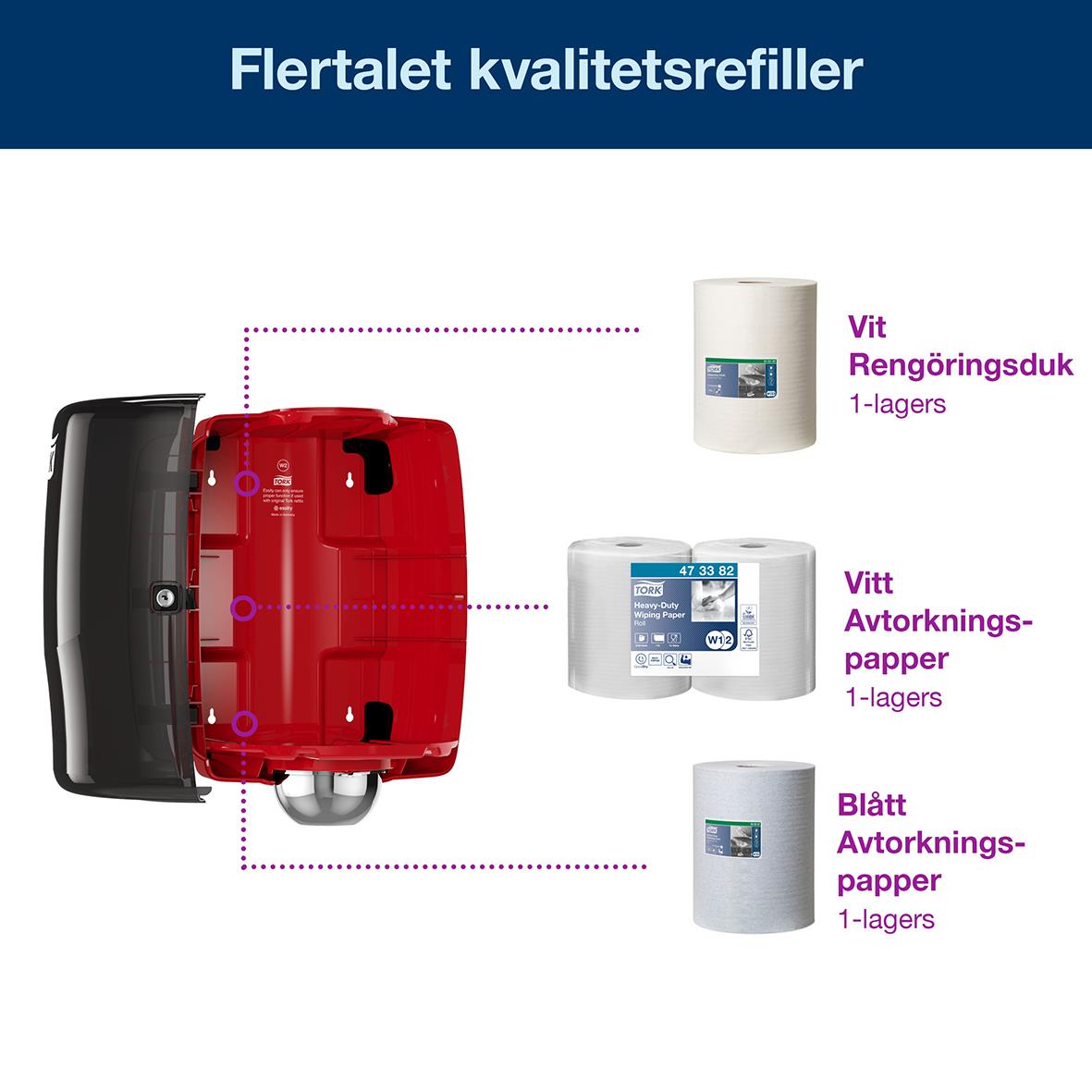 Dispenser för Torkrulle Tork W2 Maxi i rött och svart med tre olika kvalitetsrefiller för rengörings- och avkorkningspapper
