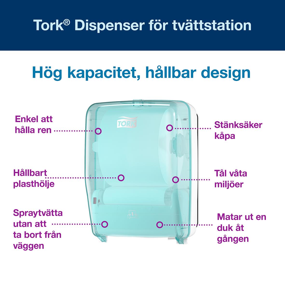Turkos och vit Tork tvättstation dispenser med hög kapacitet, hållbar design och olika funktioner för enkel rengöring och användning