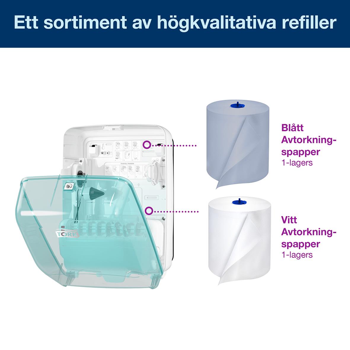 Dispenser för tvättstation Tork W6 i turkos och vitt med avkorkningspapper