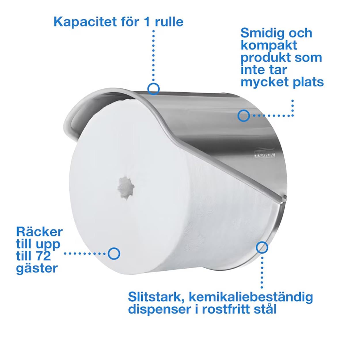 Rostfri dispenser för Tork T7 Coreless toalettpapper, kapacitet för en rulle, slitstark och kemikaliebeständig.