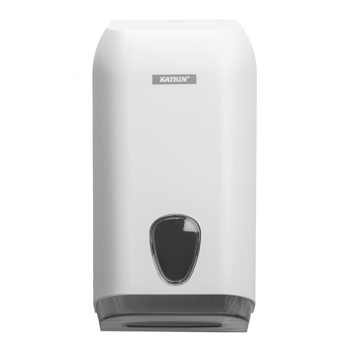 Vit toalettpappersdispenser från Katrin med svart öppningsknapp