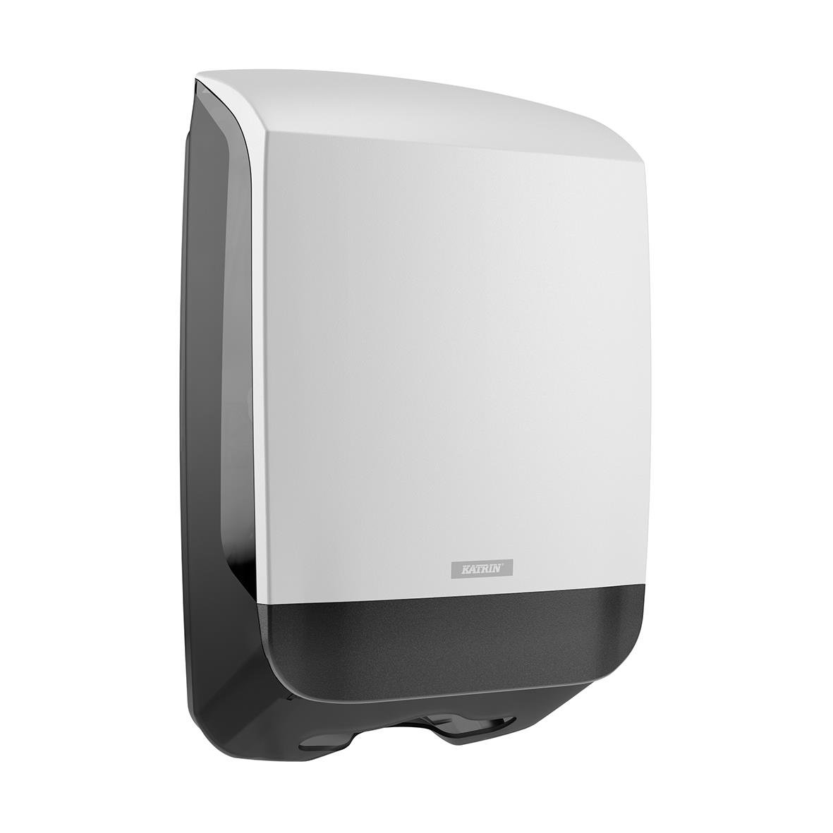 Vit pappershanddukdispenser Katrin M med svart bas och lock