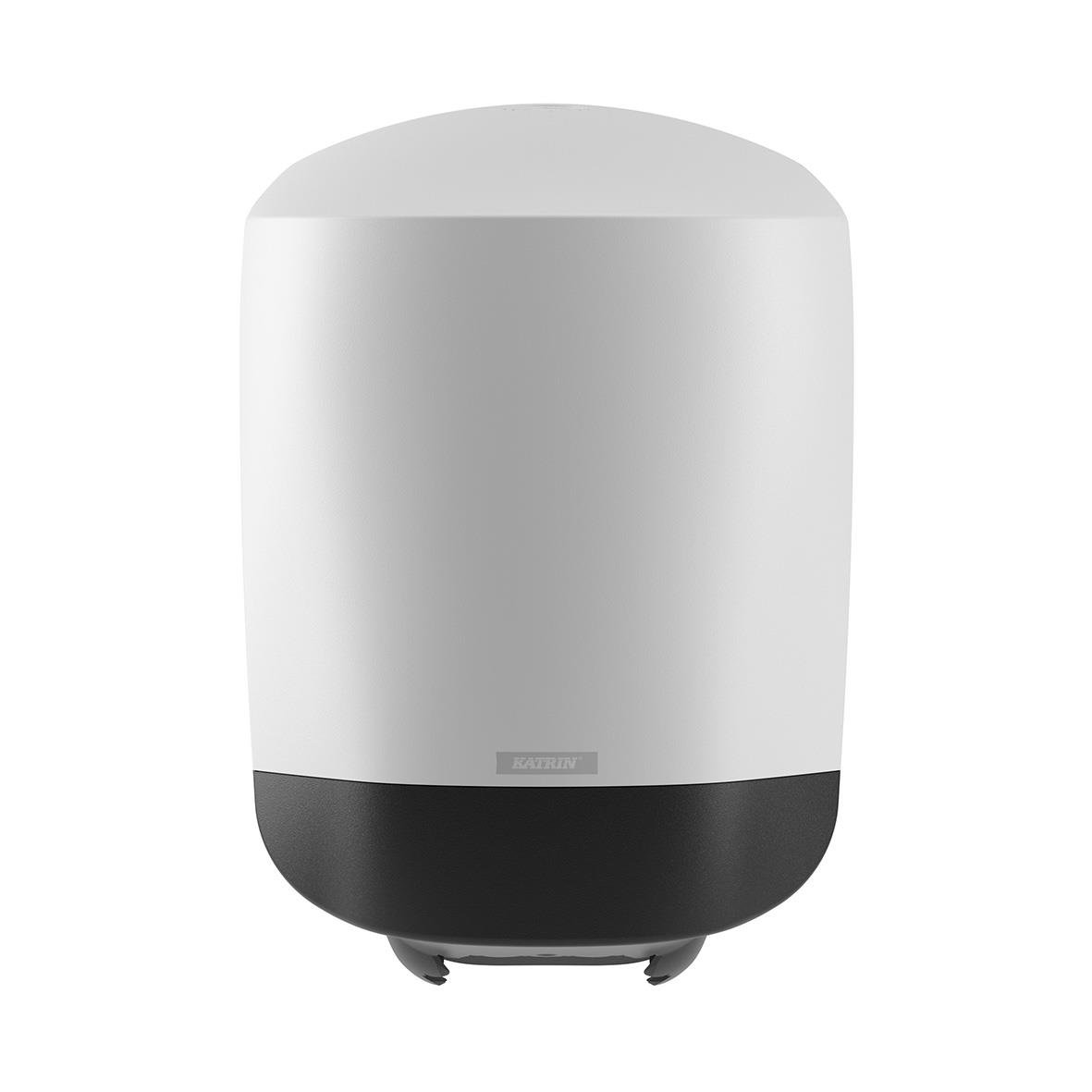 Vit dispenser för Katrin Centrummatad Torkrulle med svart bas