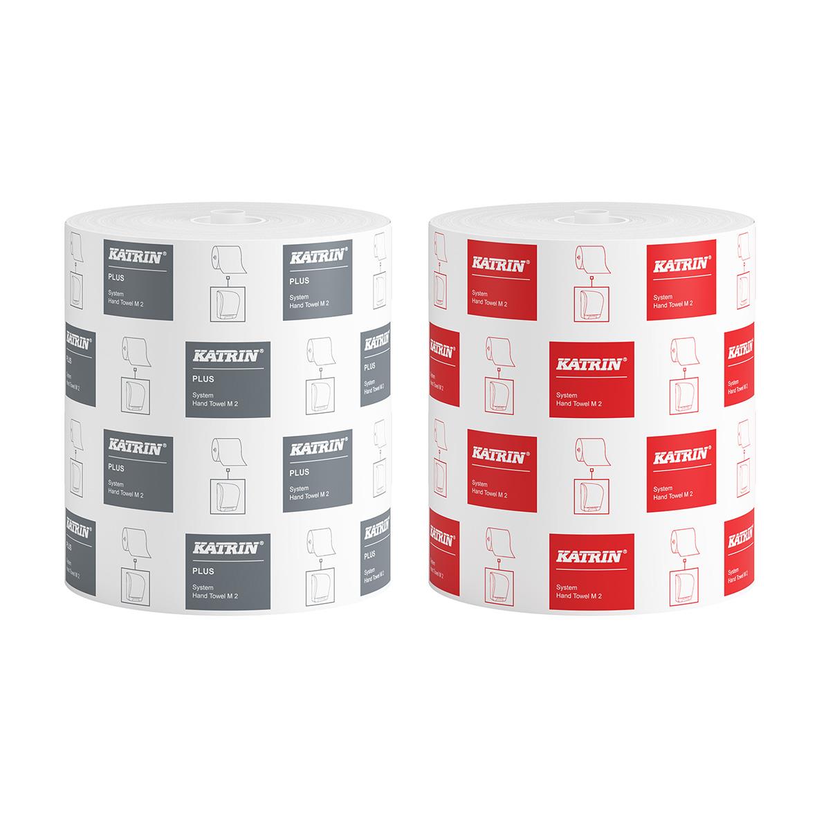 Dispenser för pappershanddukar Katrin System M2 i svart och rött, väggmonterad