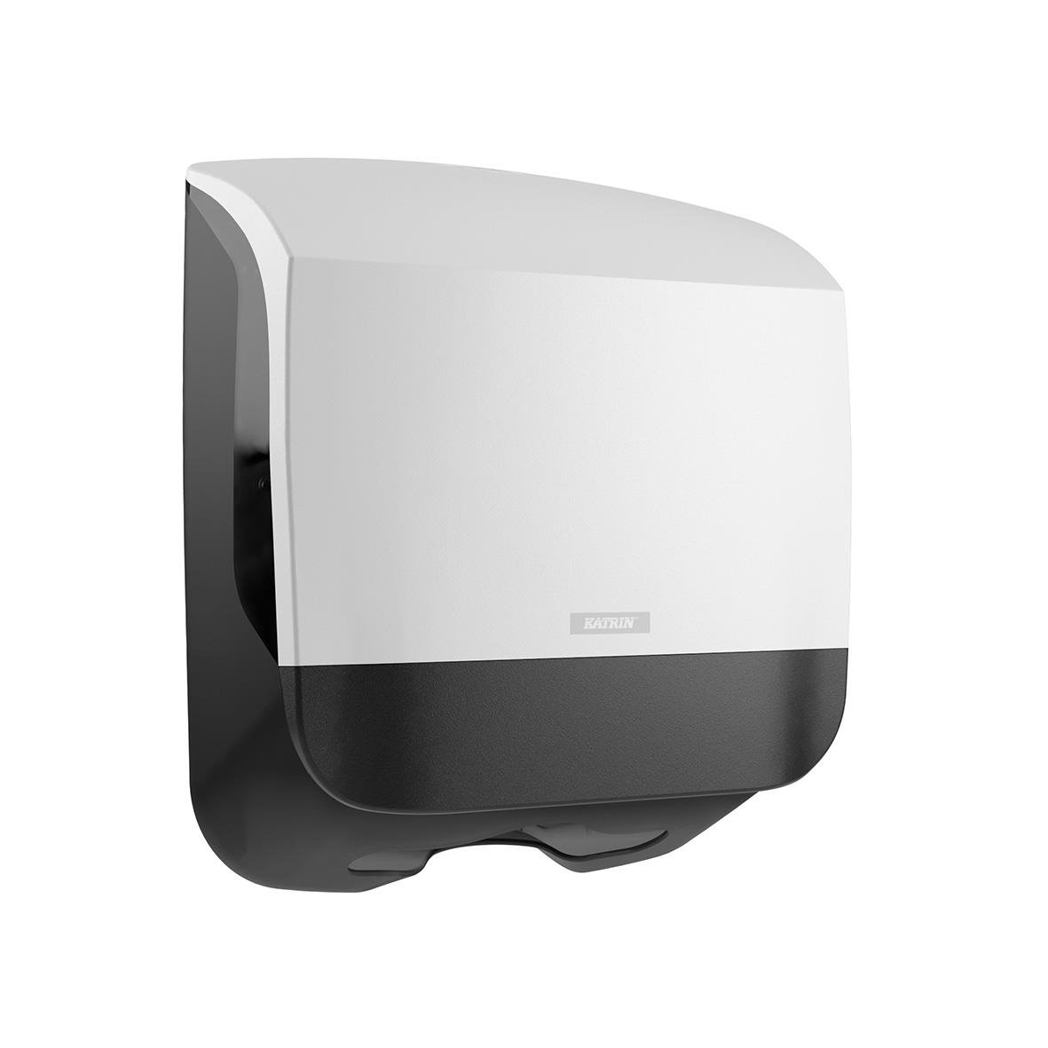 Vit pappershanddukdispenser Katrin S med svart botten