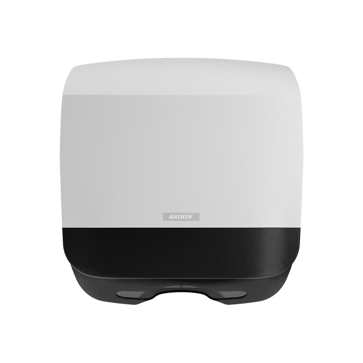 Vit pappershanddukdispenser Katrin S med svart bas och automatisk funktion