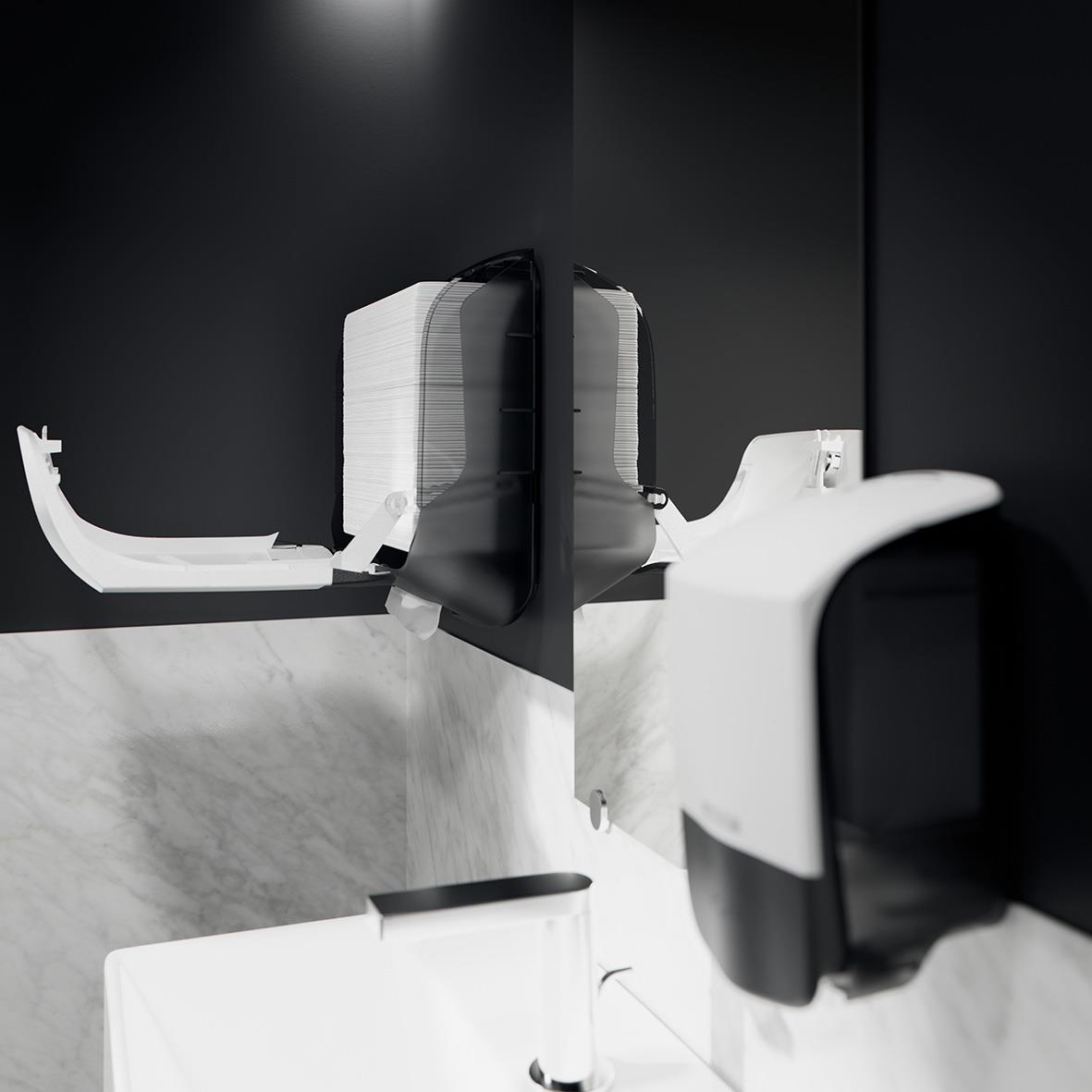 Dispenser för pappershanddukar Katrin S Vit monterad på vägg i badrum eller kök