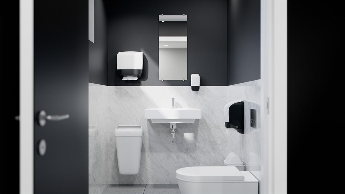 Väggmonterad pappershandduksspender i ett handikappanpassat badrum med toalett och handfat