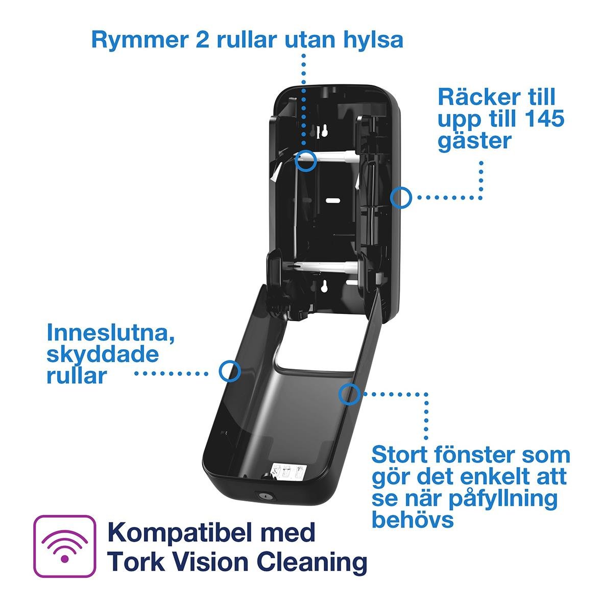 Svart dispenser för toalettpapper Tork T7 Coreless med 2 rullar, stor fönster, hyllor för 145 gäster, skyddade rullar, kompatibel med Tork Vision Cleaning