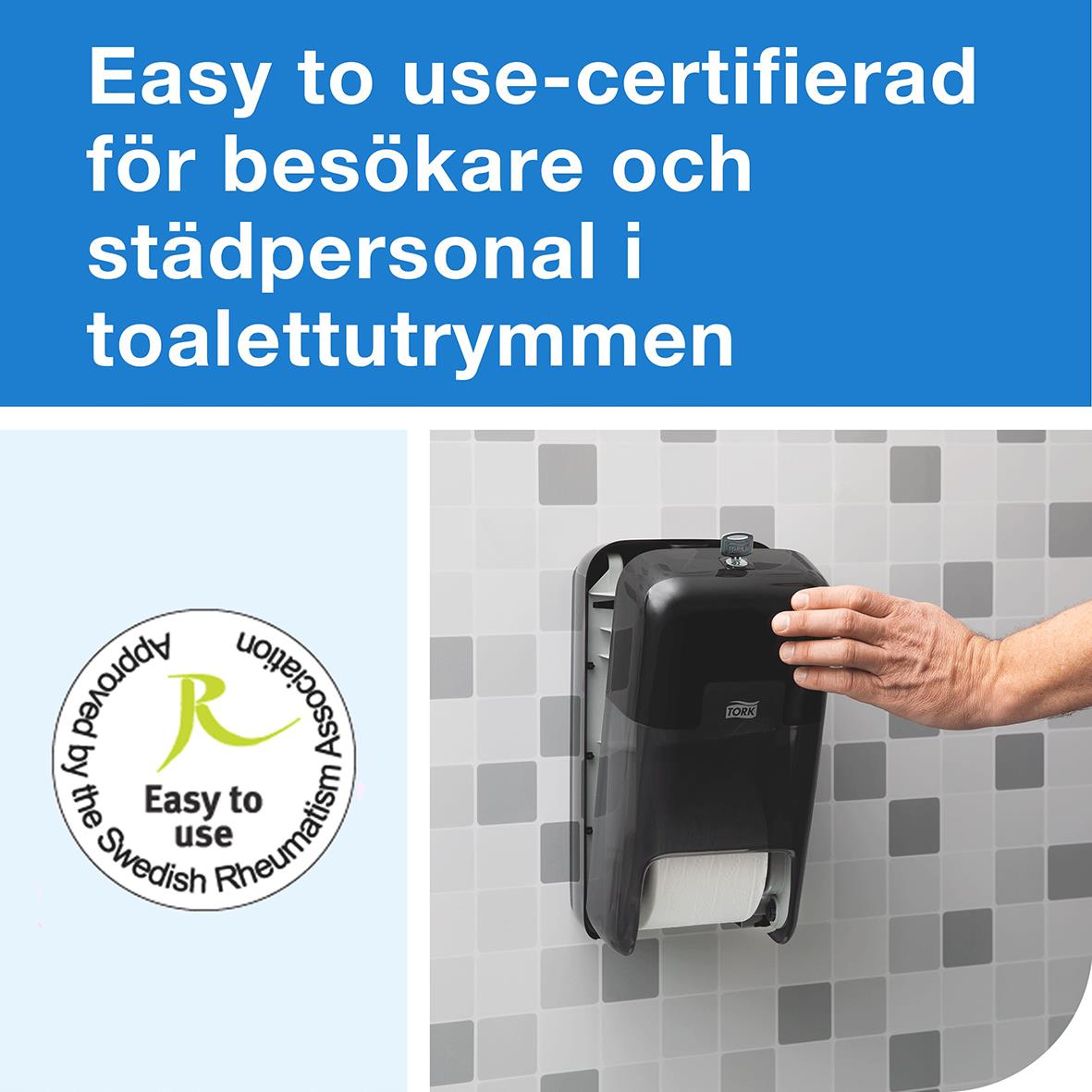 Svart dispenser för toalettpapper Tork T7 Coreless med 2 rullar, lätt att använda för besökare och städpersonal